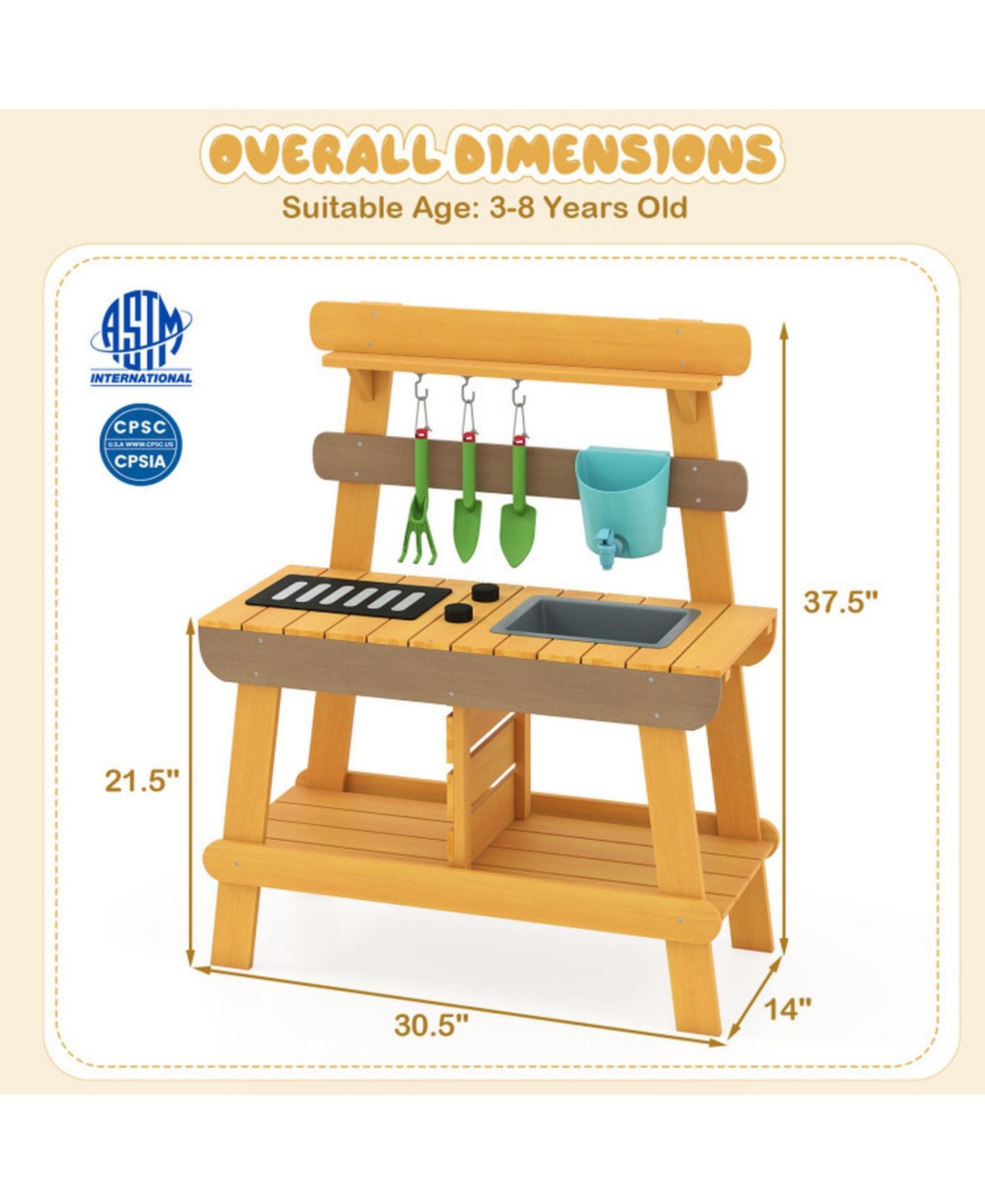 Детская игрушка HONGGE Outdoor Wooden Mud Kitchen with Grill Rack and Garden Tools, цвет: Однотонный — фото 3
