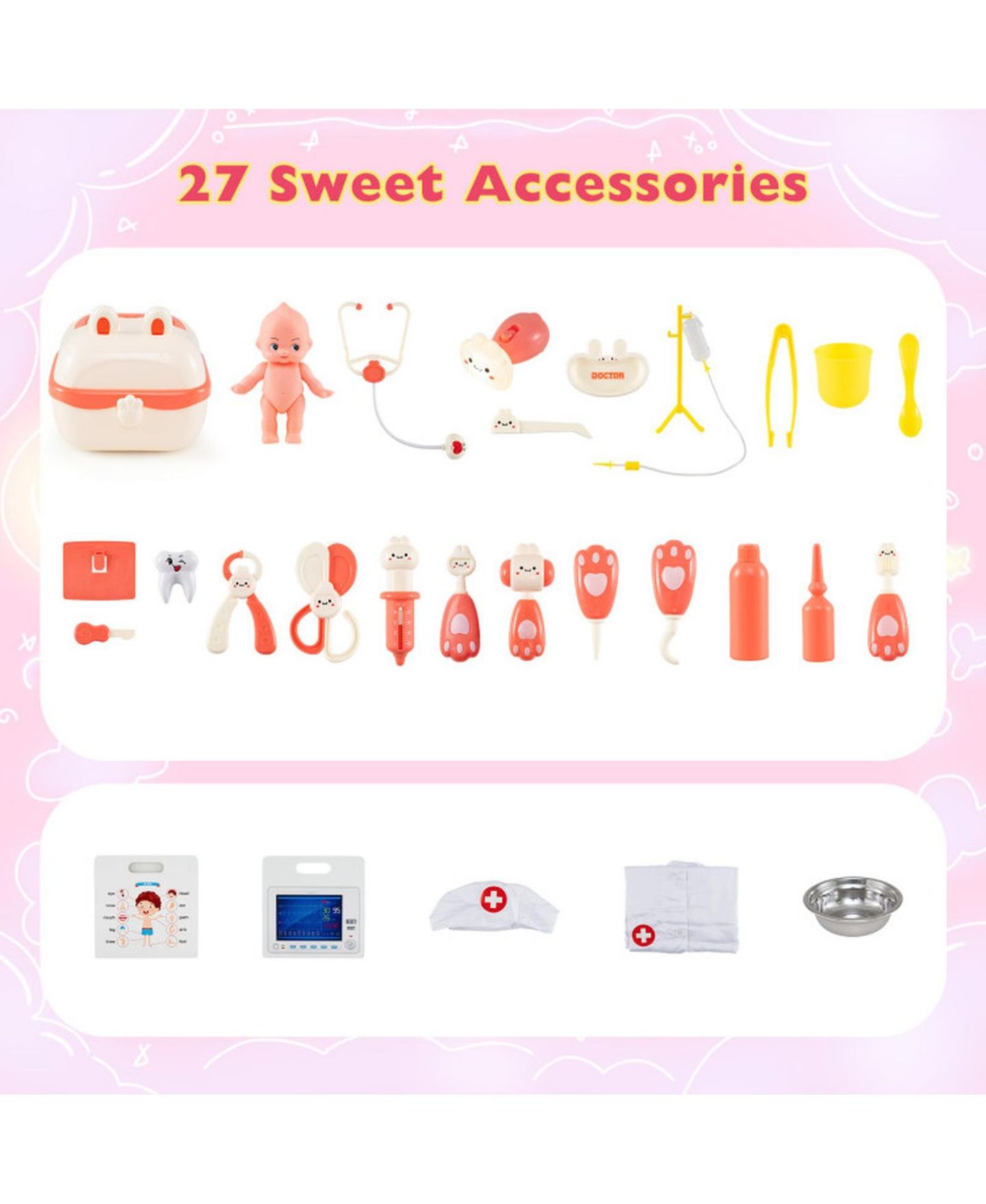 Детские игрушки HONGGE Kids Doctor Adjustable Height Bar Hand Washing Station 27-Piece Play Set, Ages 3+, цвет: Розовый / Белый — фото 9