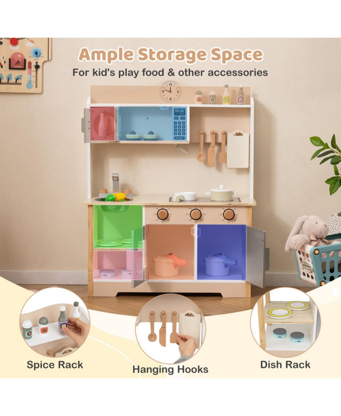 Детские игрушки HONGGE Printed Clock Wooden Toy Kitchen, 13-Piece, Ages 3+, цвет: Белый / Коричневый — фото 7