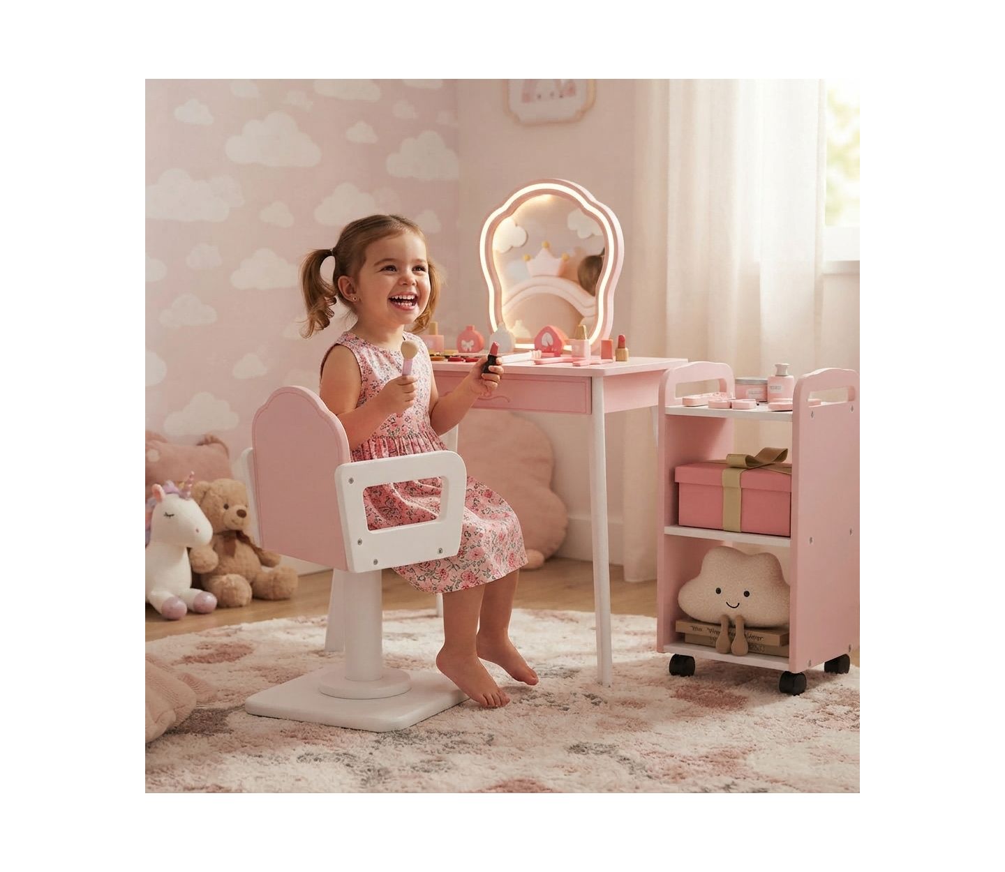 Детский игровой набор HONGGE Hair Salon LED Mirror and Swivel Chair 10-Piece Playset, Ages 3+, цвет: Розовый / Белый — фото 2