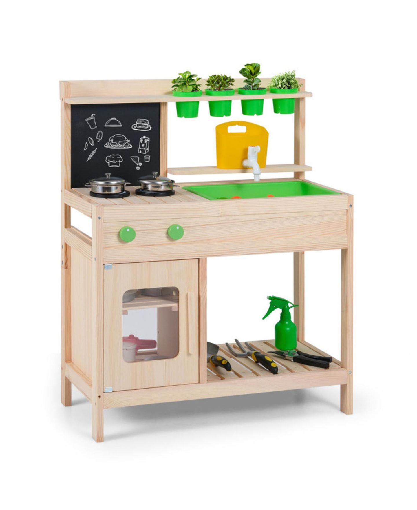 Детские игрушки HONGGE Mud Kitchen Chalkboard 4-Piece Play Kitchen, Ages 3+, цвет: Светлый сосновый — фото 10