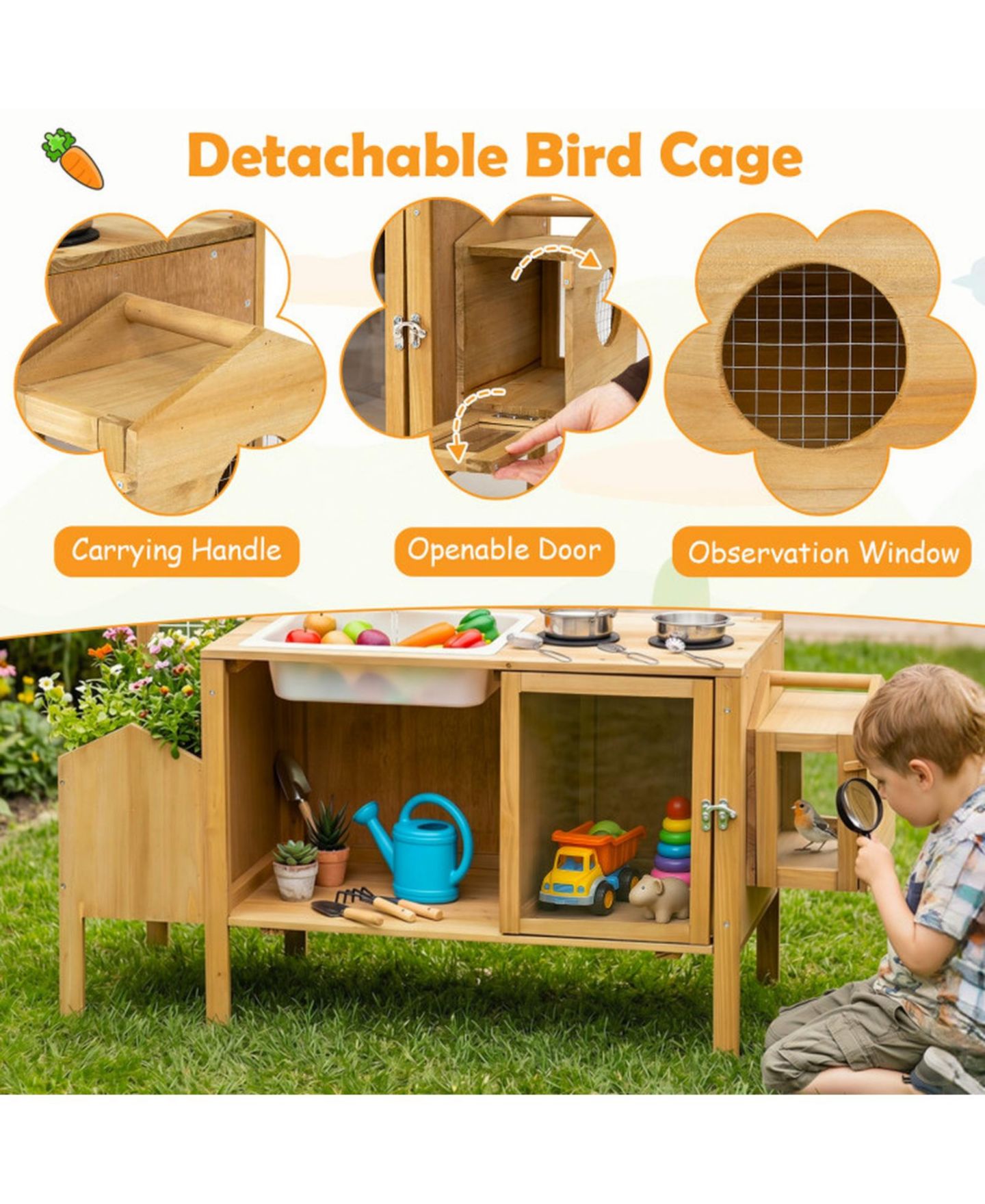 Детские игрушки HONGGE Detachable Bird Cage 7-Piece Mud Kitchen, Ages 3+, цвет: Натуральный — фото 5