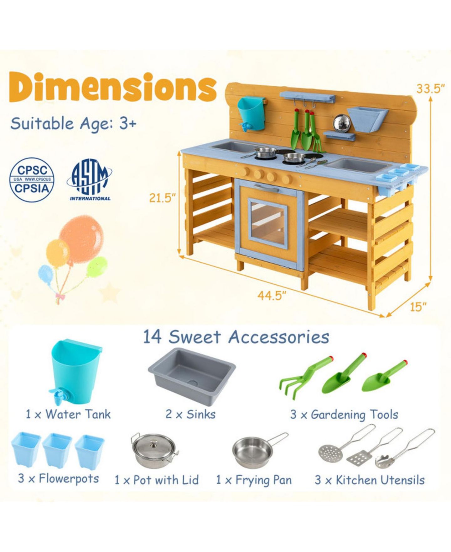 Детские игрушки HONGGE Wooden Mud Kitchen 2-Sink, 4-Stove 14-Piece Play Set, Ages 3+, цвет: Натуральный — фото 4