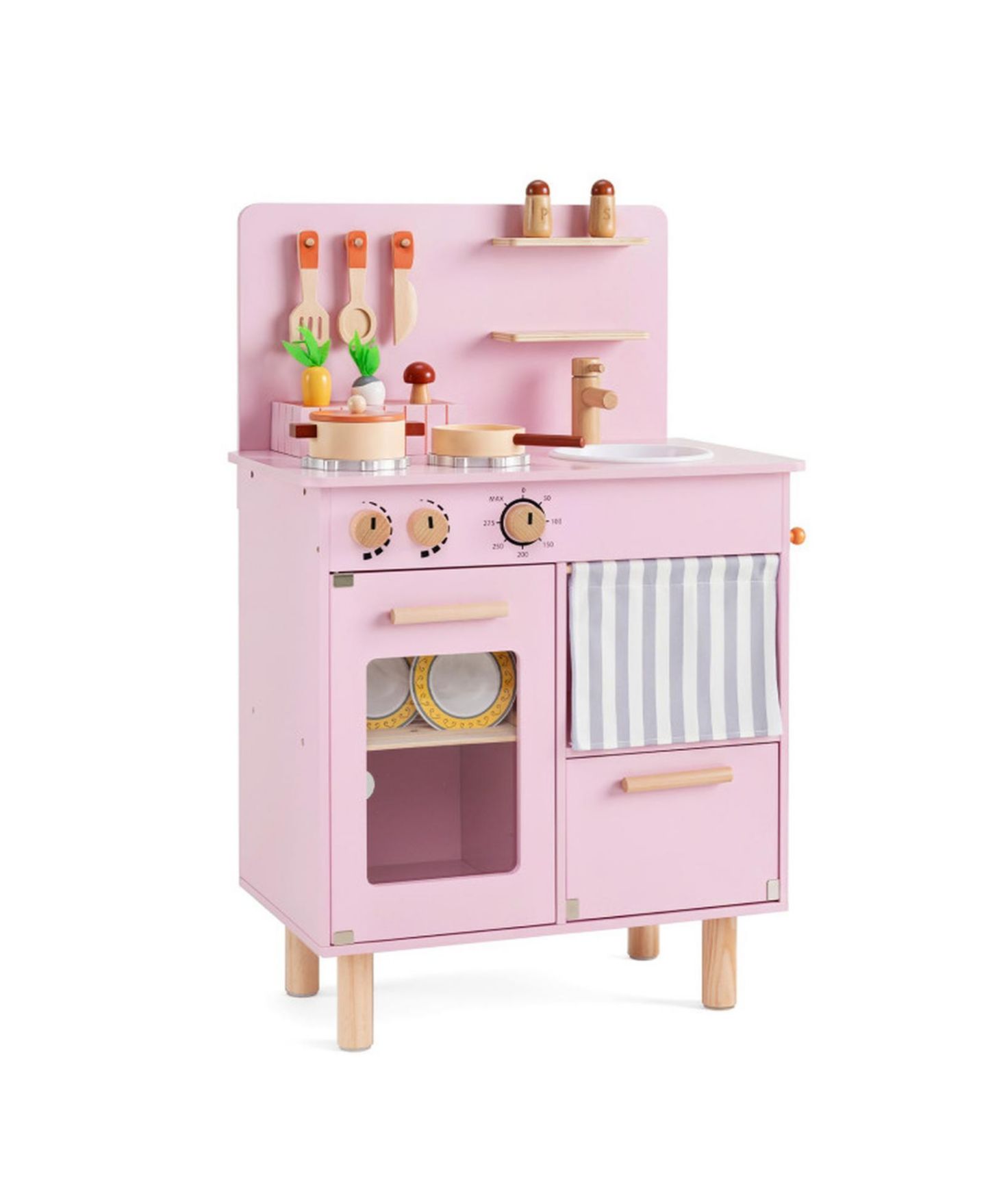 Детская игрушка HONGGE Toddler Wooden Play Kitchen with Dishwasher and Toy Foods, Ages 3+, цвет: Бежевый / Розовый — фото 2
