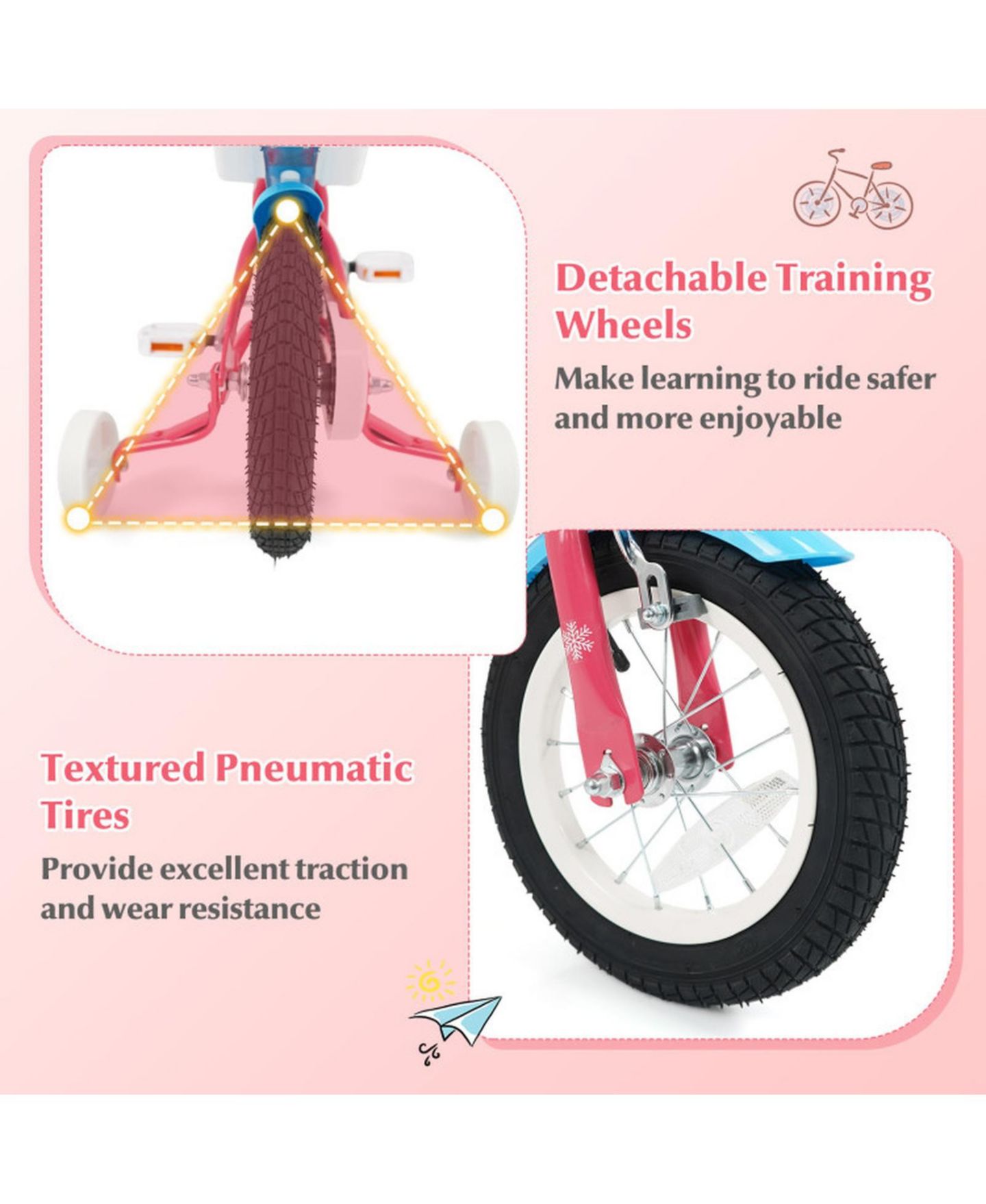 Детская игрушка HONGGE 12-Inch Girls' Bike with Doll Seat, Front Basket and Training Wheels, Ages 3-4, цвет: Розовый — фото 7