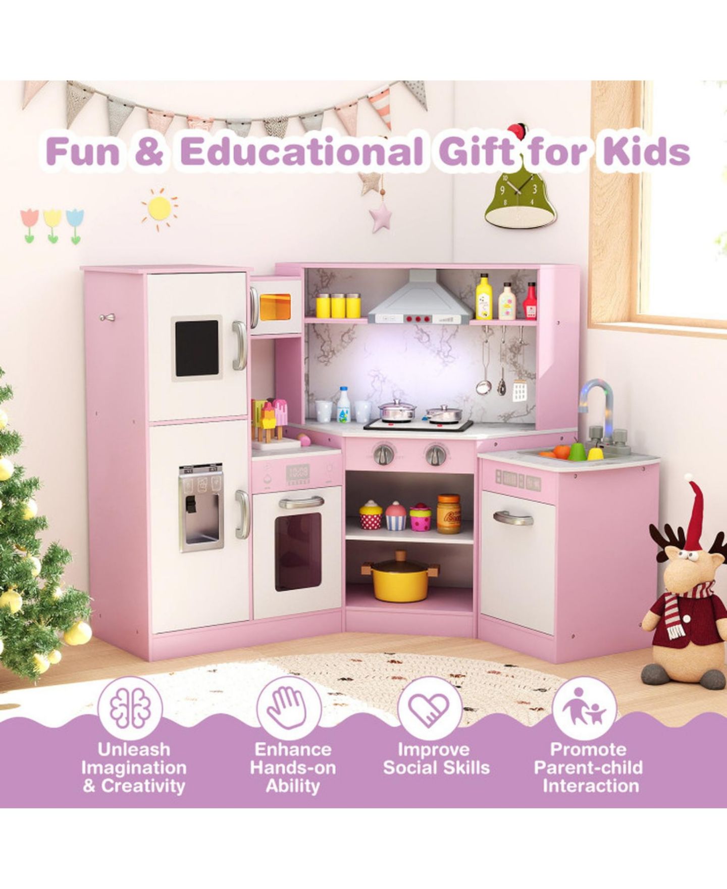 Детский игровой набор HONGGE Kids Corner Play Kitchen Playset with Sensor Faucet and Sound Lights Ages 3, цвет: Розовый — фото 8
