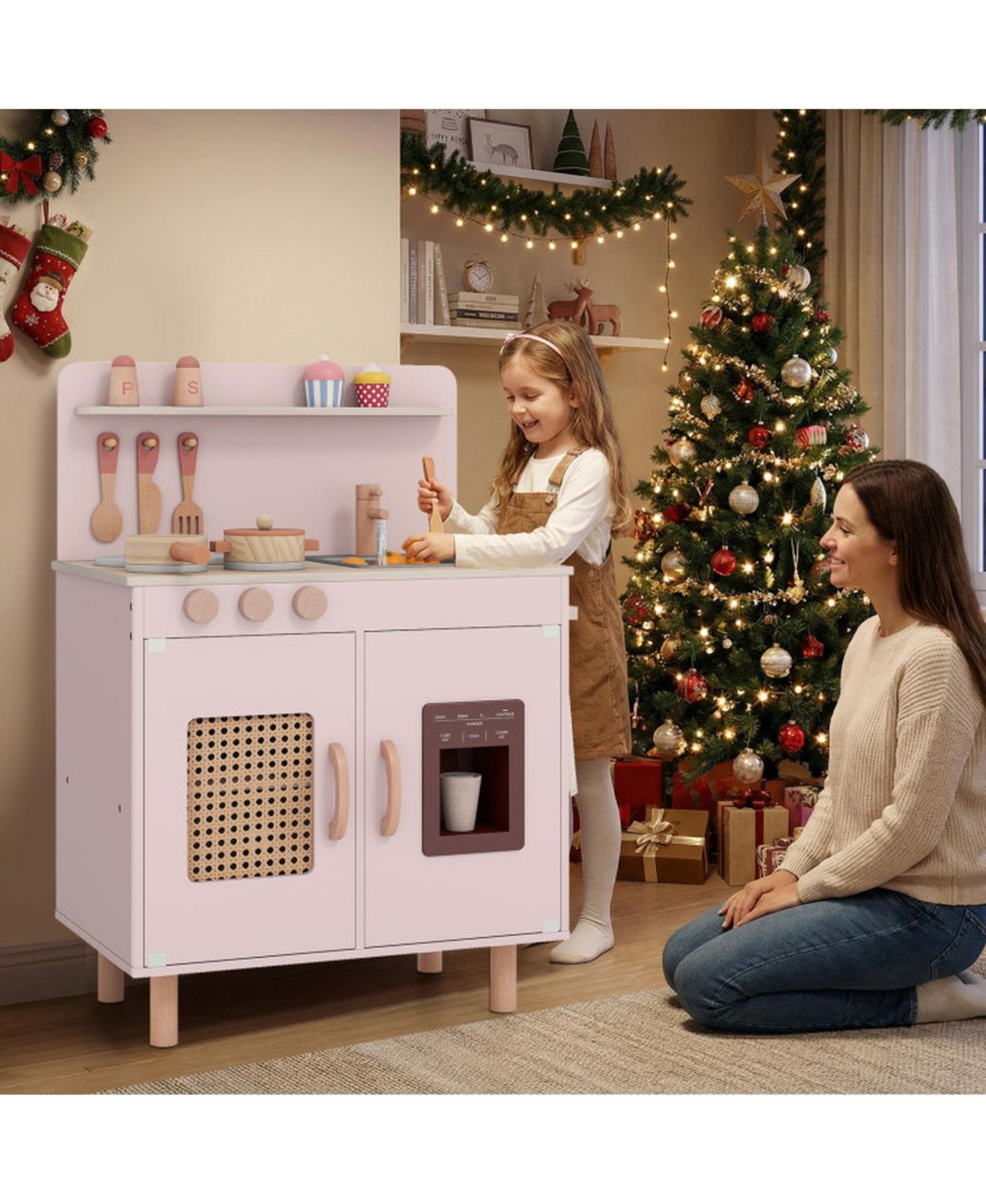 Детский игровой набор HONGGE Kids Wooden Play Kitchen Playset with Working Ice Maker and Sink Ages 3, цвет: Розовый — фото 2