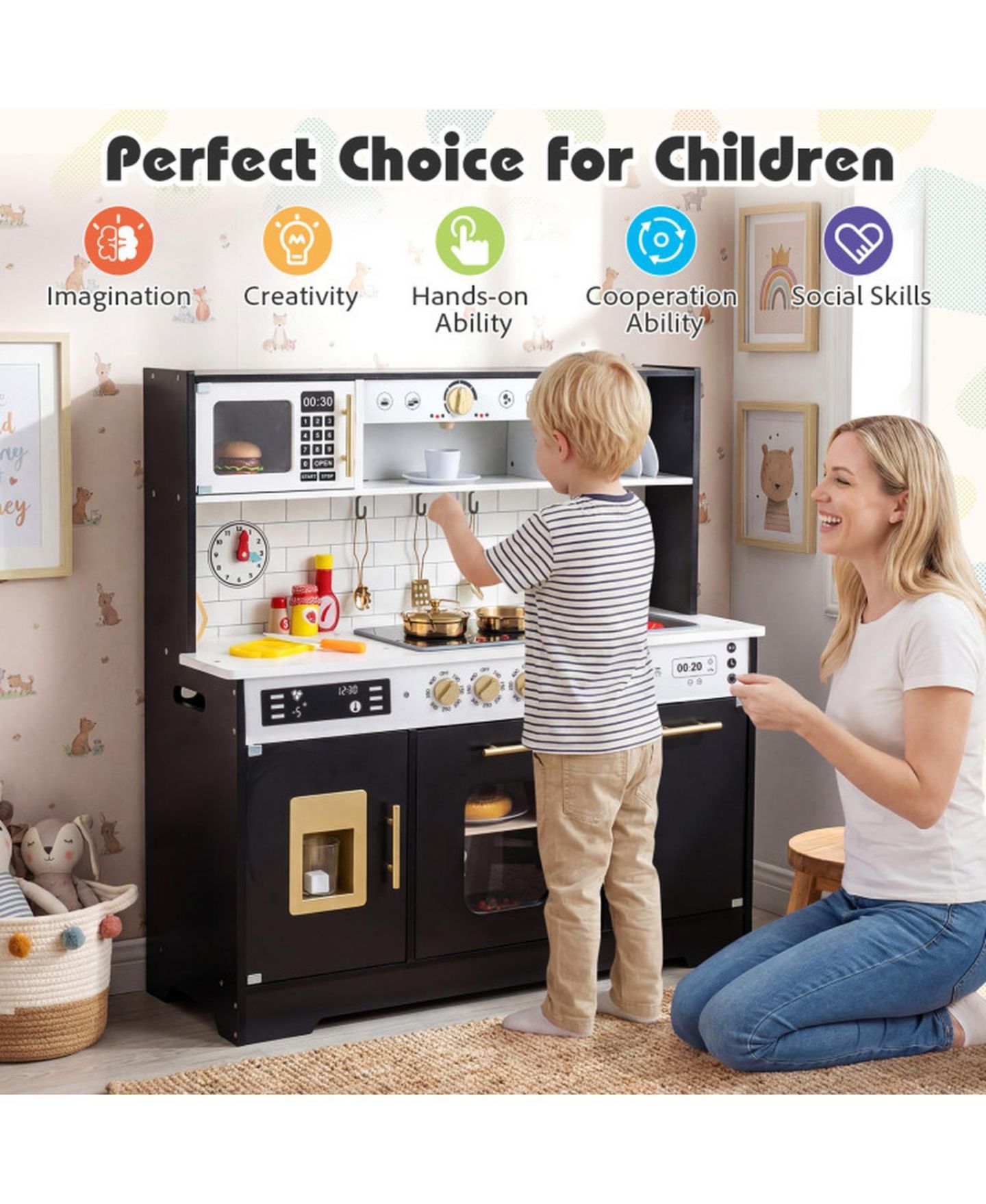 Детская игрушка HONGGE Lights and Sounds Wooden Play Kitchen with Ice Maker, Ages 3+, цвет: Чёрный — фото 9