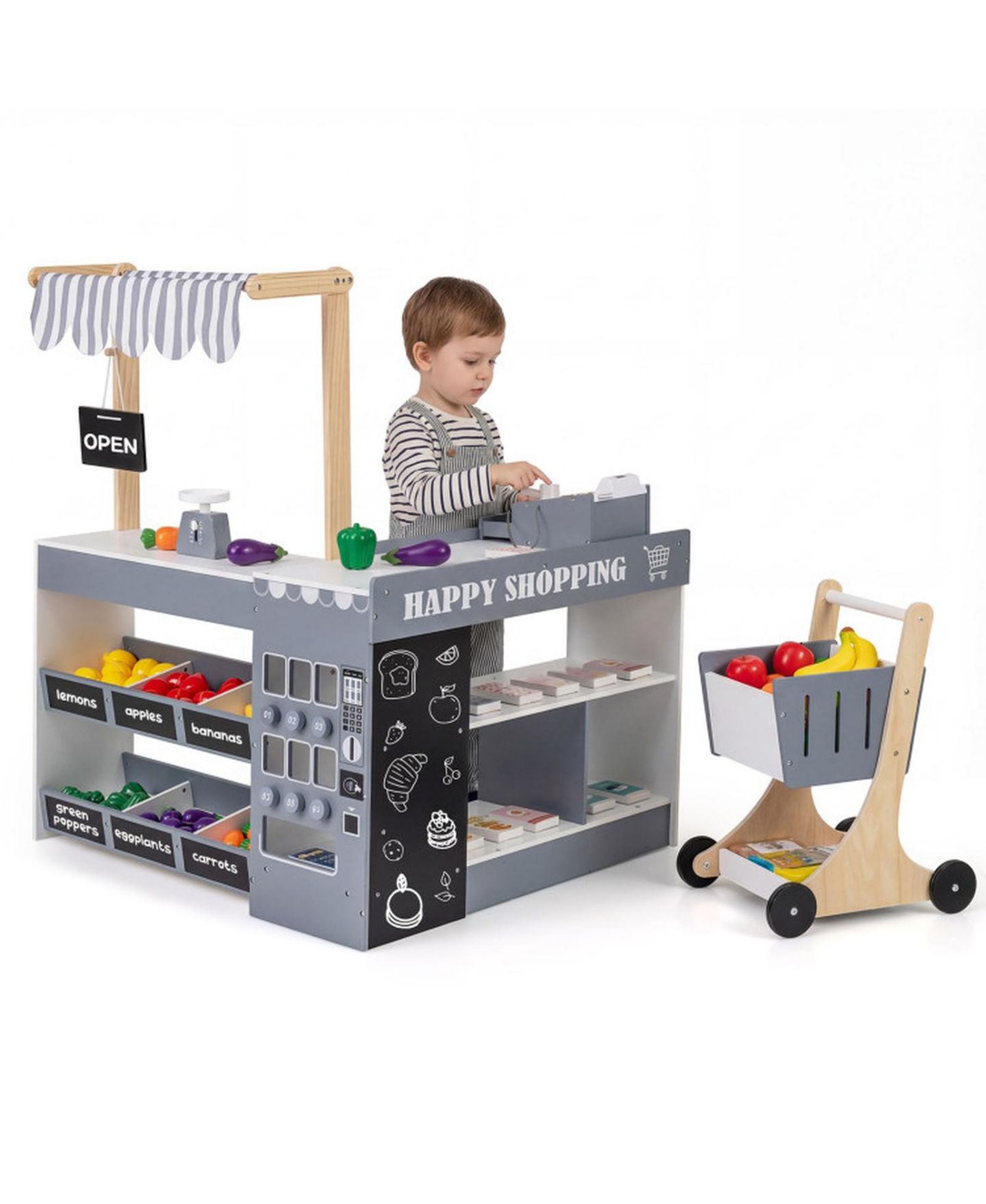 Детский игровой набор HONGGE Kids' Wooden Grocery Store Playset with Shopping Cart and Cash Register, Ages 3+, цвет: Серый — фото 2