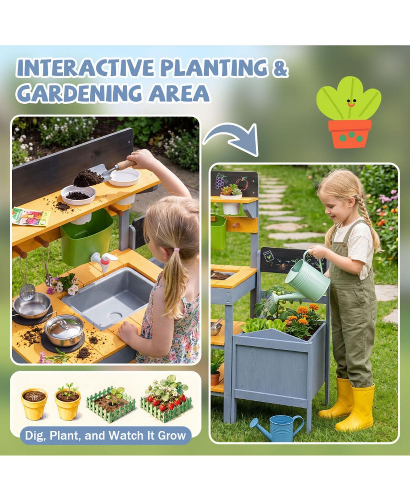 Детские игрушки HONGGE Running Water 9-Piece Mud Kitchen, Ages 3+, цвет: Жёлтый — фото 8