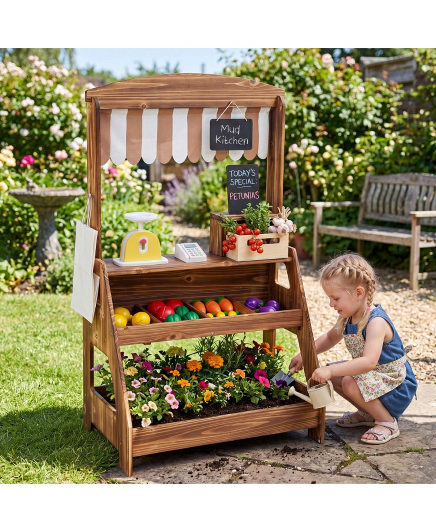Детские игрушки HONGGE 2-in-1 Wooden Mud Kitchen and Market Stand, 25-Piece, Ages 3+, цвет: Коричневый — фото 11