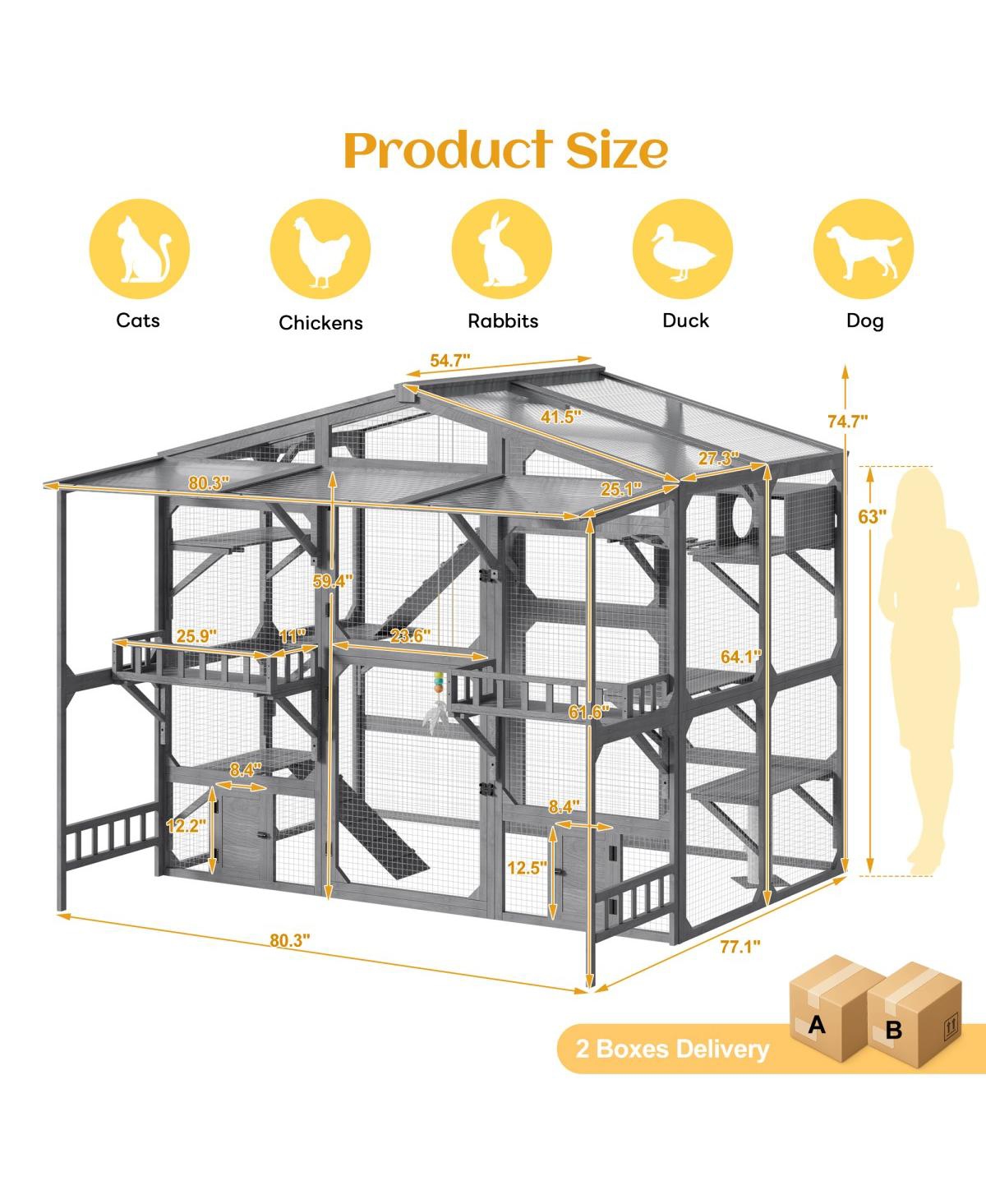 6thdruple Large Wooden Outdoor Catio for Multiple Cats, Weatherproof Pine Cat House