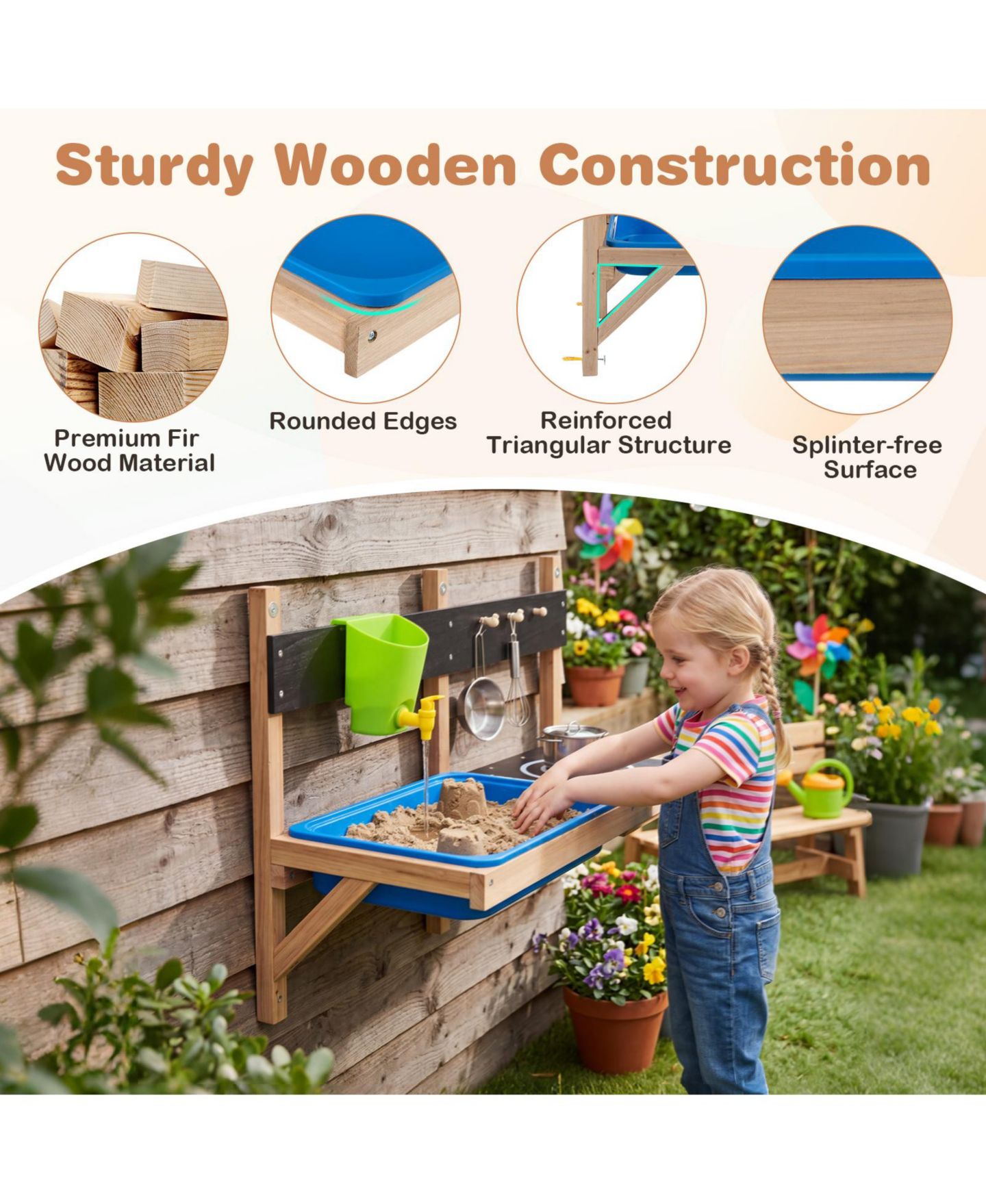 Детская игрушка Gymax Outdoor Wall Mounted Mud Kitchen for Kids Wooden Play Kitchen with Sink Faucet, цвет: Синий — фото 9