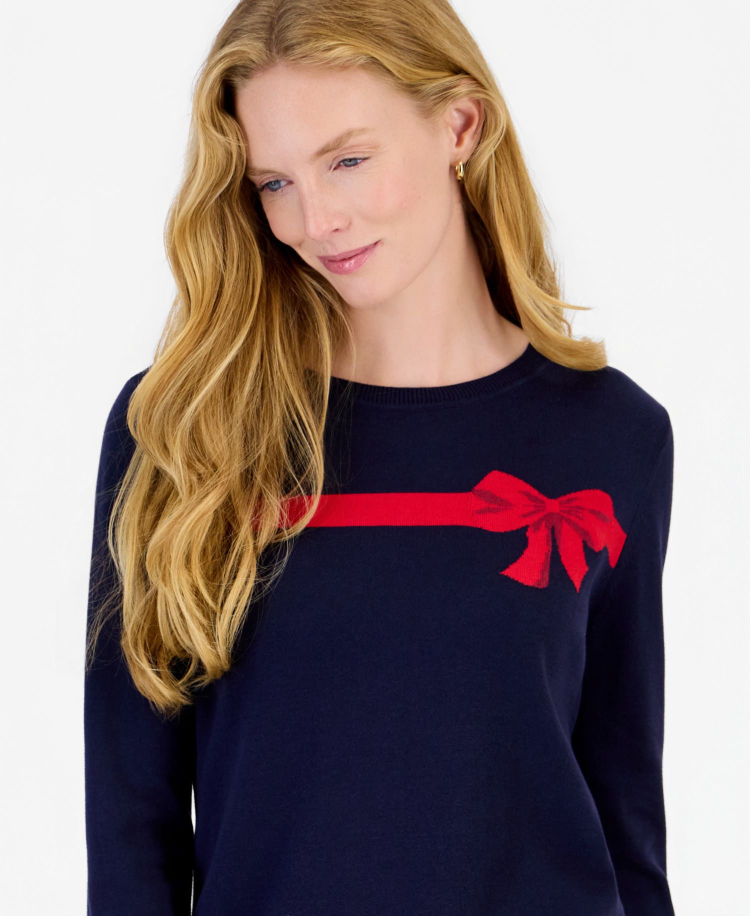 Women's Bow Jacquard Crewneck Holiday Sweater