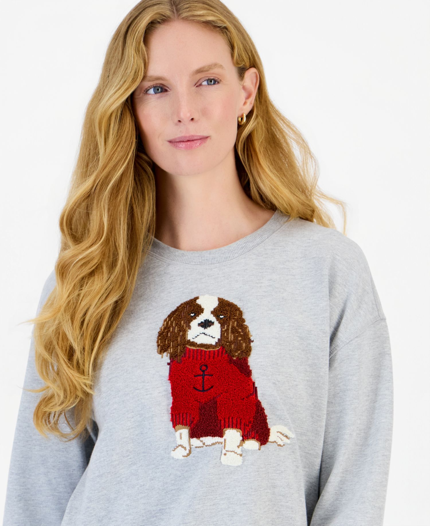 Women's Crewneck Long-Sleeve Chenille-Embroidered Dog Graphic Sweatshirt