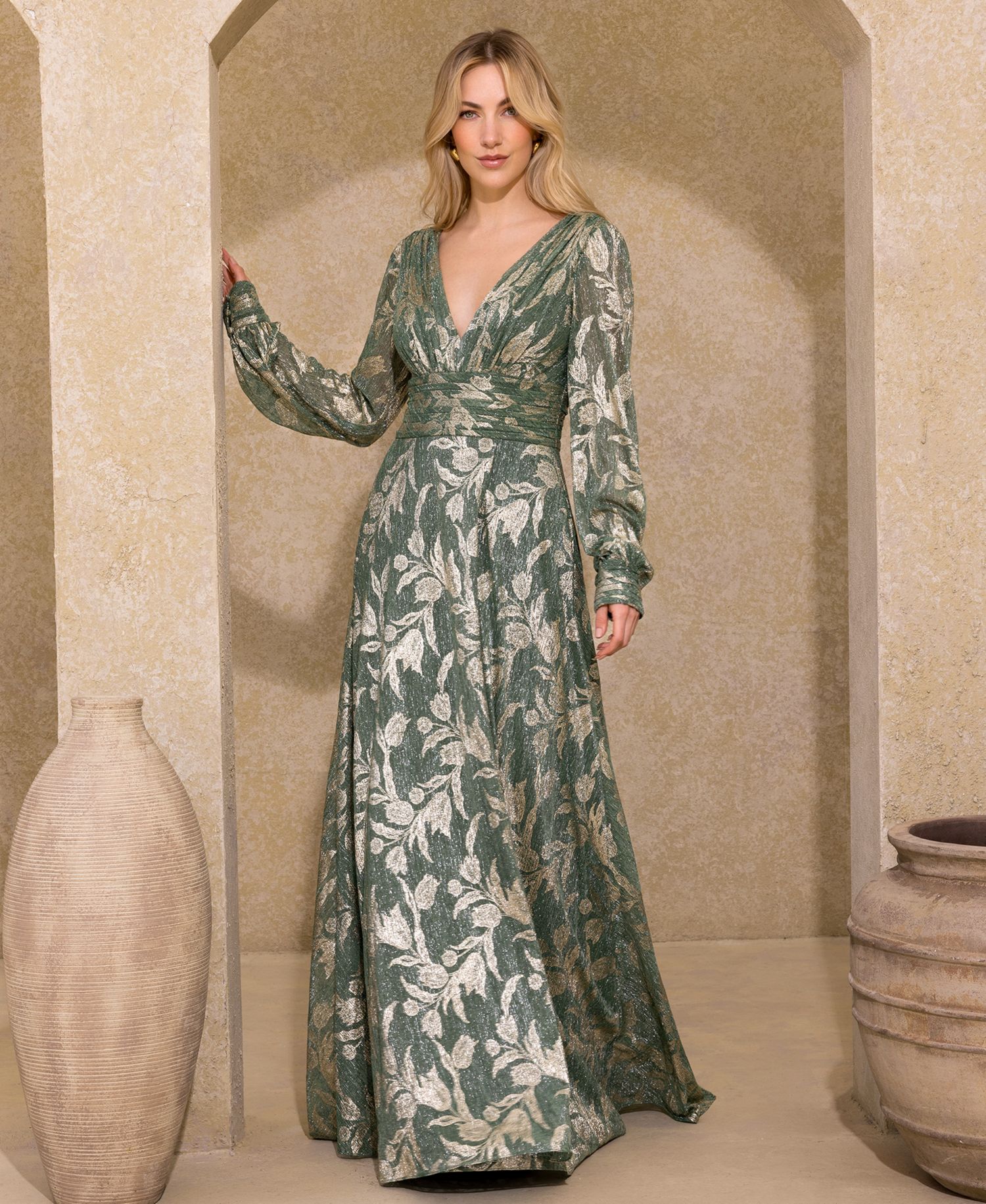 Women's Long-Sleeve V-Neck Metallic Floral Gown