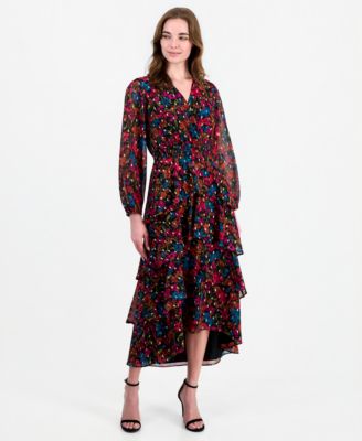 Women's Long-Sleeve V-Neck Asymmetrical Dress