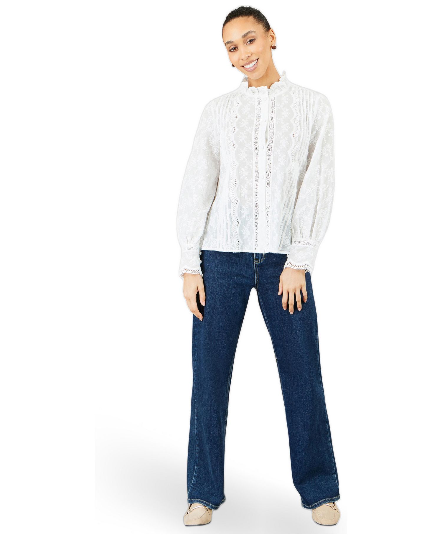 Women's Long-Sleeve Lace-Detail Cotton Blouse
