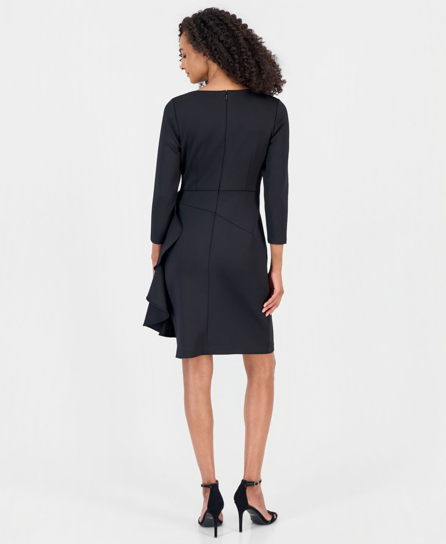 Petite Boat Neck Draped Cascading-Ruffle Sheath Dress