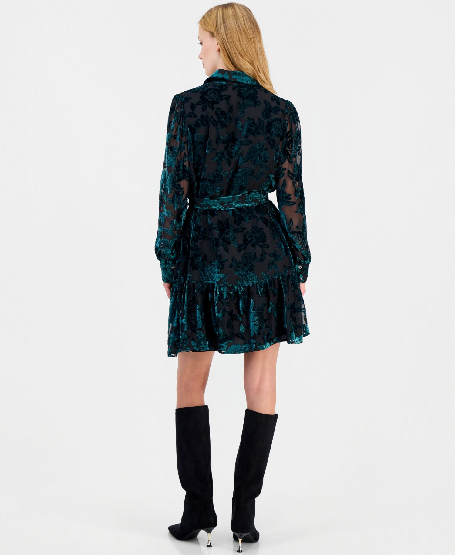 Petite Velvet Burnout Tiered Fit-and-Flare Shirt Dress