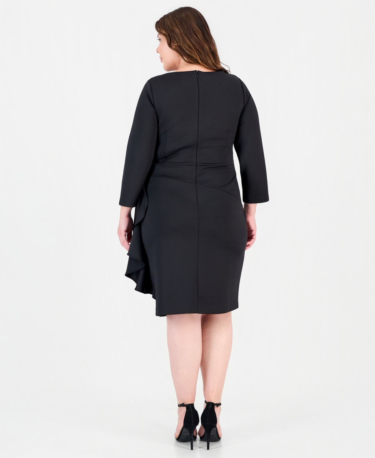 Anne Klein Plus Draped Sheath With Cascading Ruffle Scuba Midi Dress