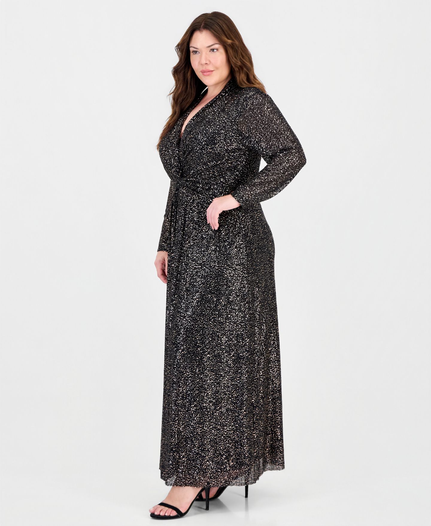 Женское платье Anne Klein Plus Twist Front V-Neck Plissé Maxi, цвет: Чёрный / Золотой — фото 2