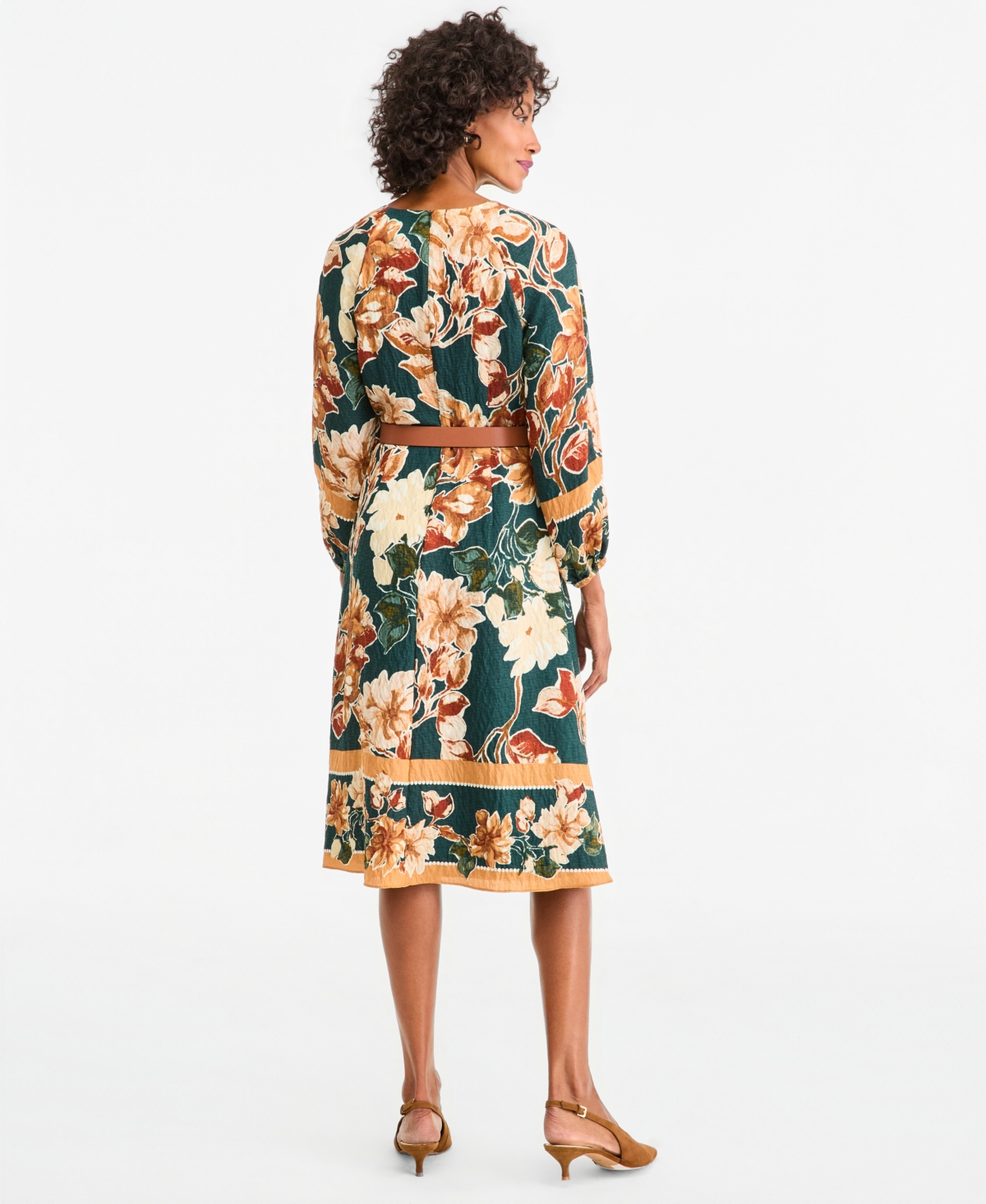 Maggy London Women's Long-Sleeve Floral A-Line Midi Dress