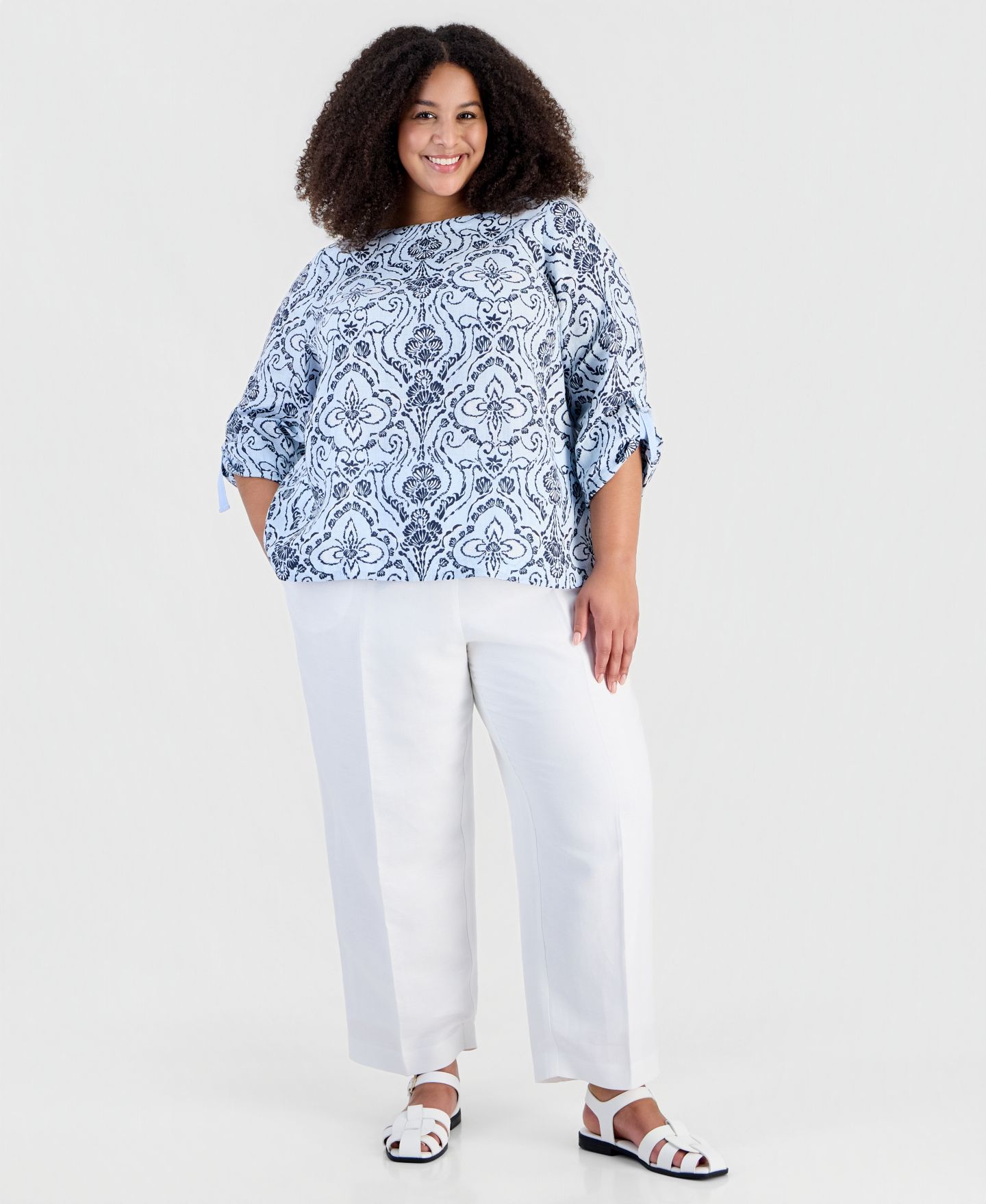 Женская блузка Charter Club Plus Size Printed Boat Neck 3/4-Sleeve Linen, цвет: Пляжный — фото 4