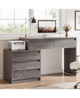 Computer Desk with 5 Drawers: Home office desk with file cabinet and printer stand. Rustic workstation for small spaces