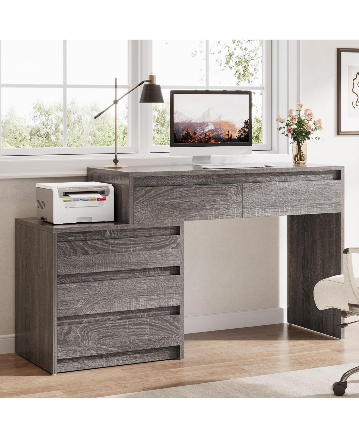 Tribesigns Computer Desk with 5 Drawers: Home office desk with file cabinet and printer stand. Rustic workstation for small spaces - Grey
