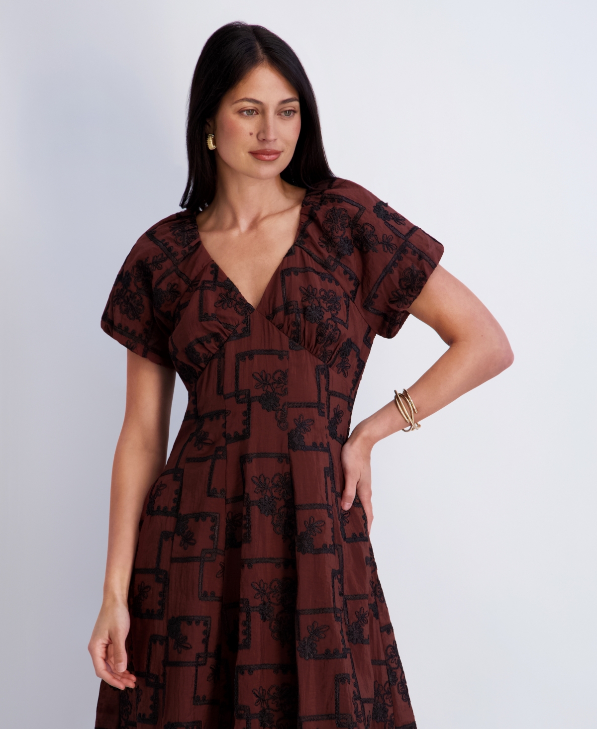Kensie Women's Embroidered V-Neck A-Line Midi Dress
