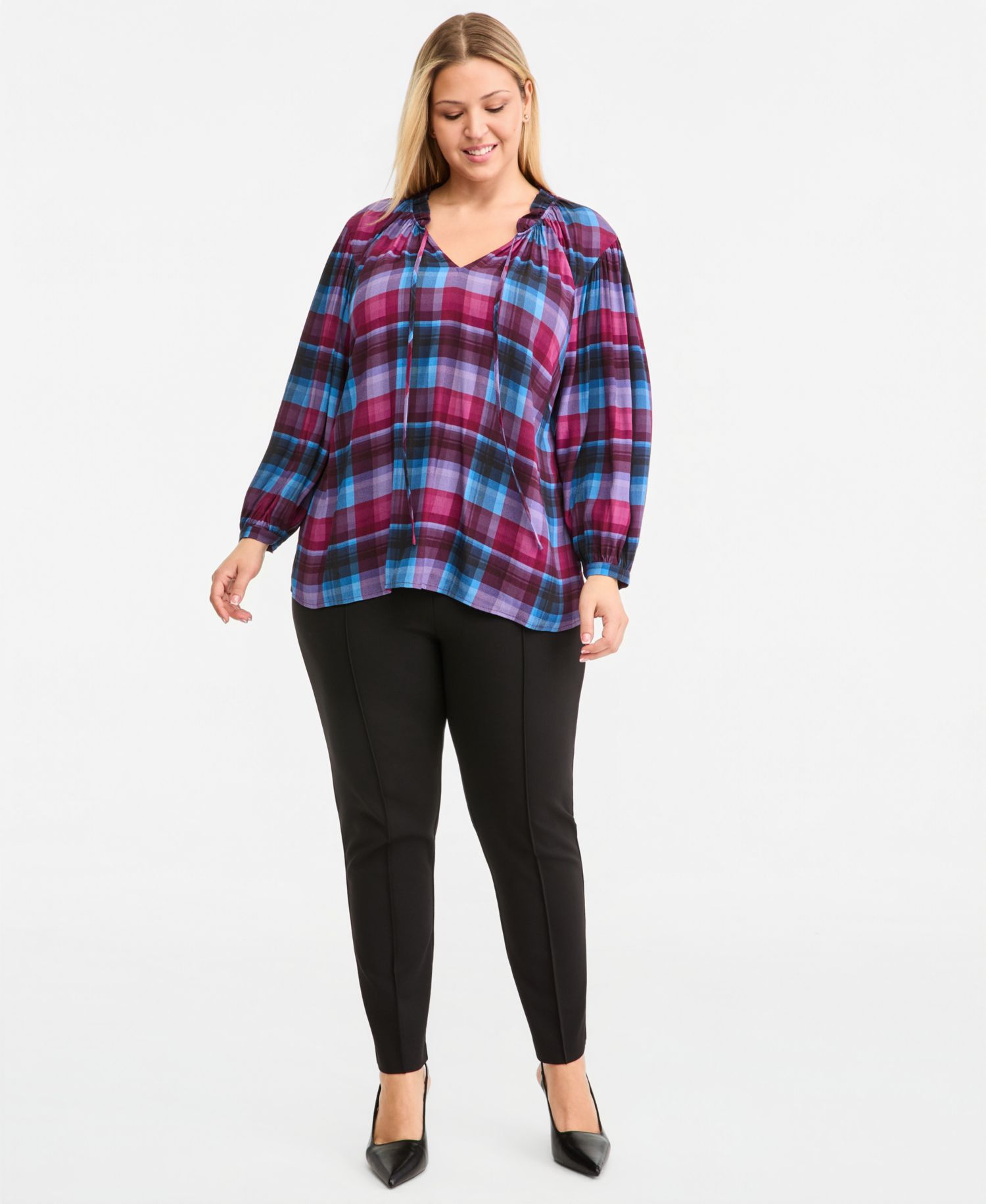 Plus Size Long-Sleeve Plaid Split-Neck Peasant Blouse