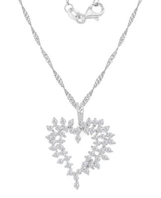 Rhodium Over Sterling Silver Cubic Zirconia Heart Singapore Chain Necklace 