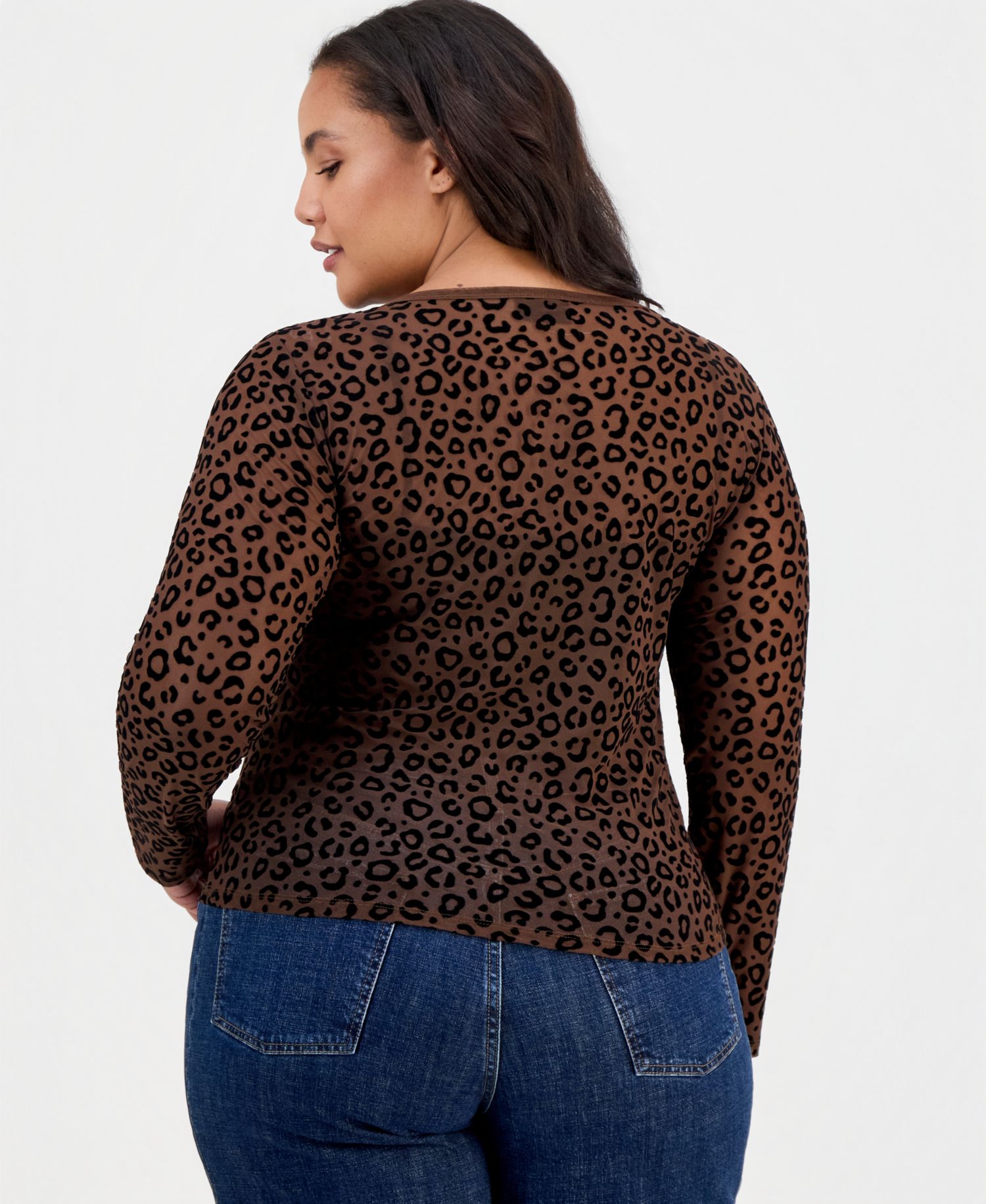 Plus Size Flocked Mesh Long-Sleeve Crewneck Top