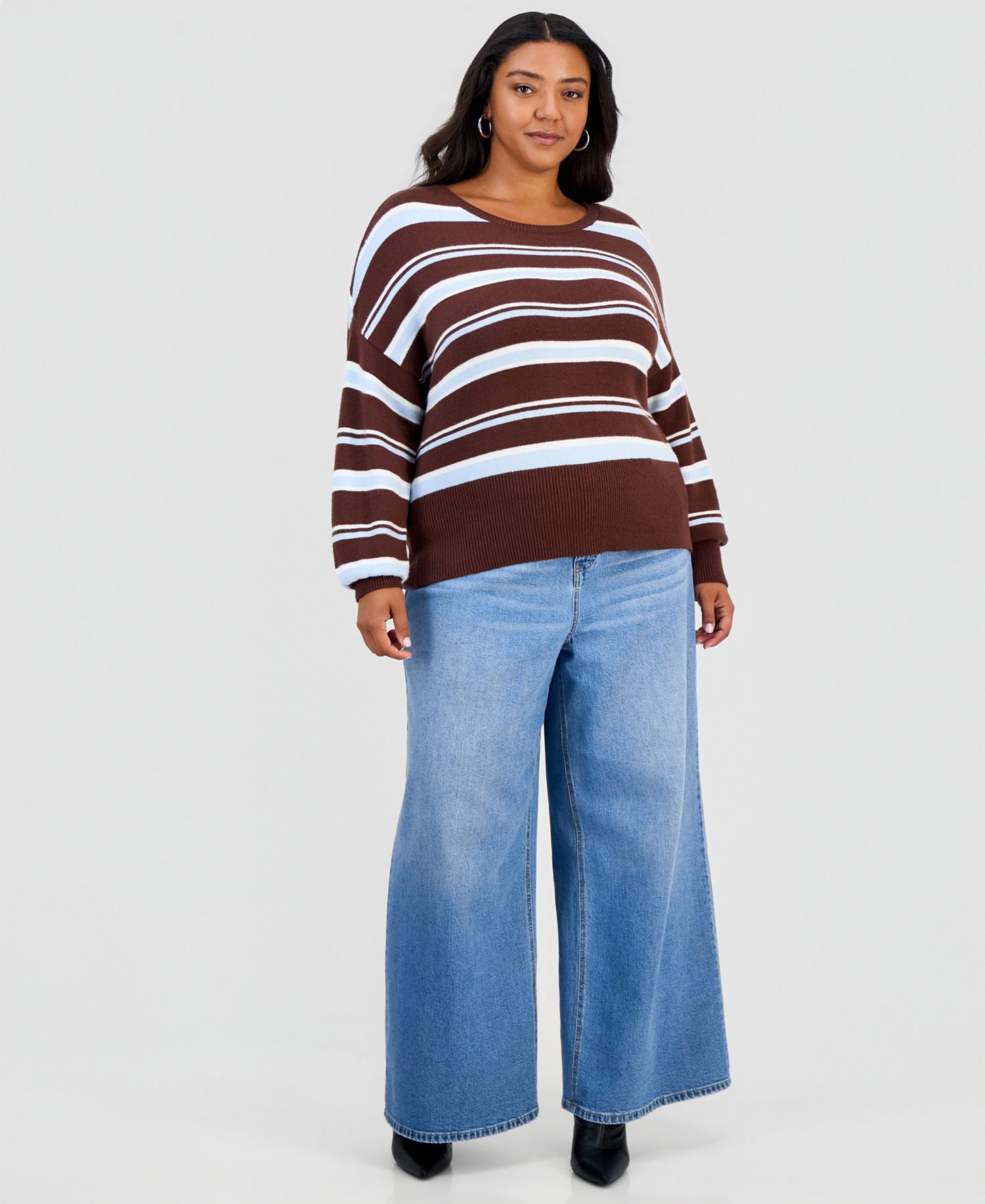 Plus Size Striped Crewneck Long-Sleeve Sweater