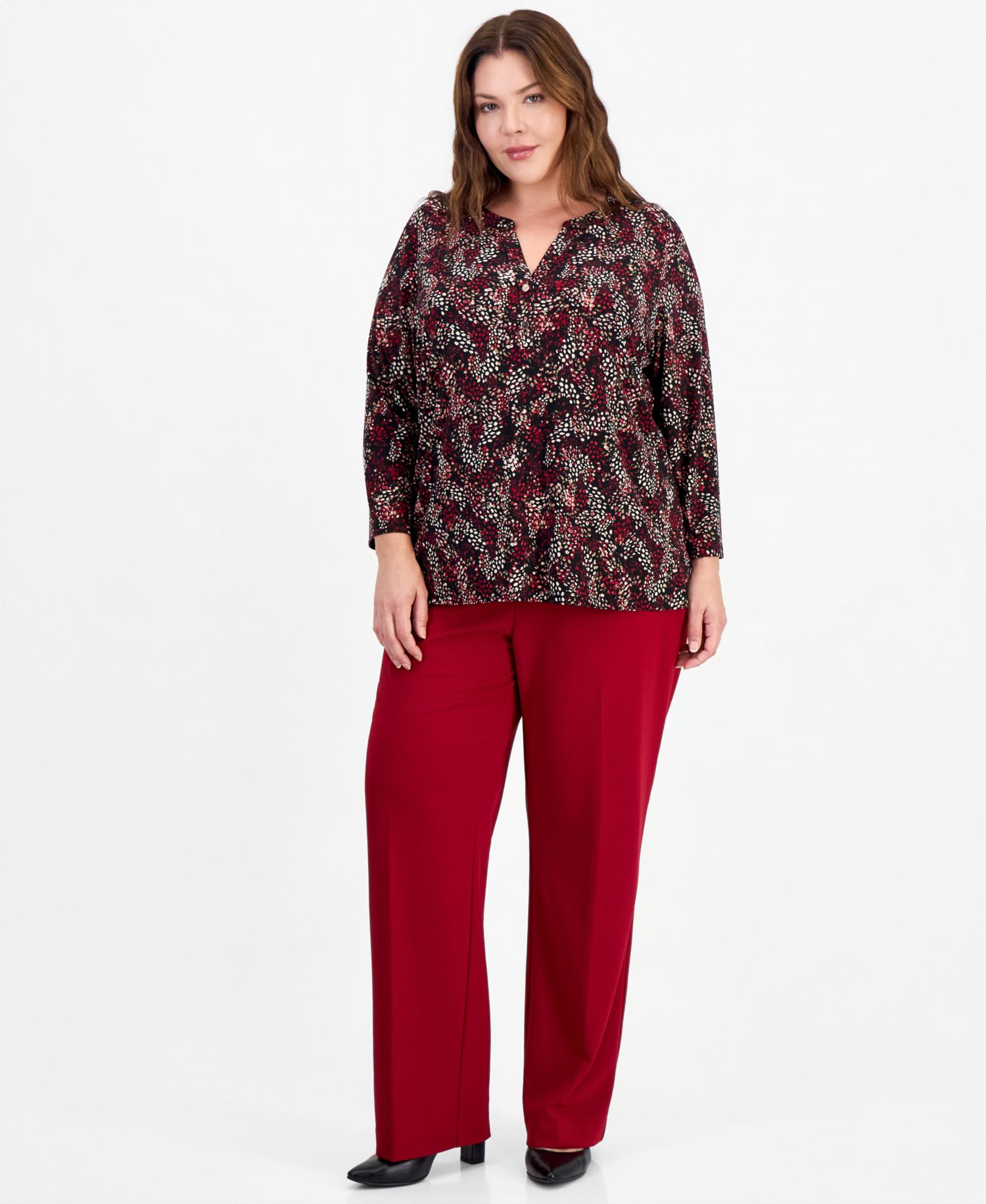 Plus Size Henley 3/4-Sleeve Printed Top