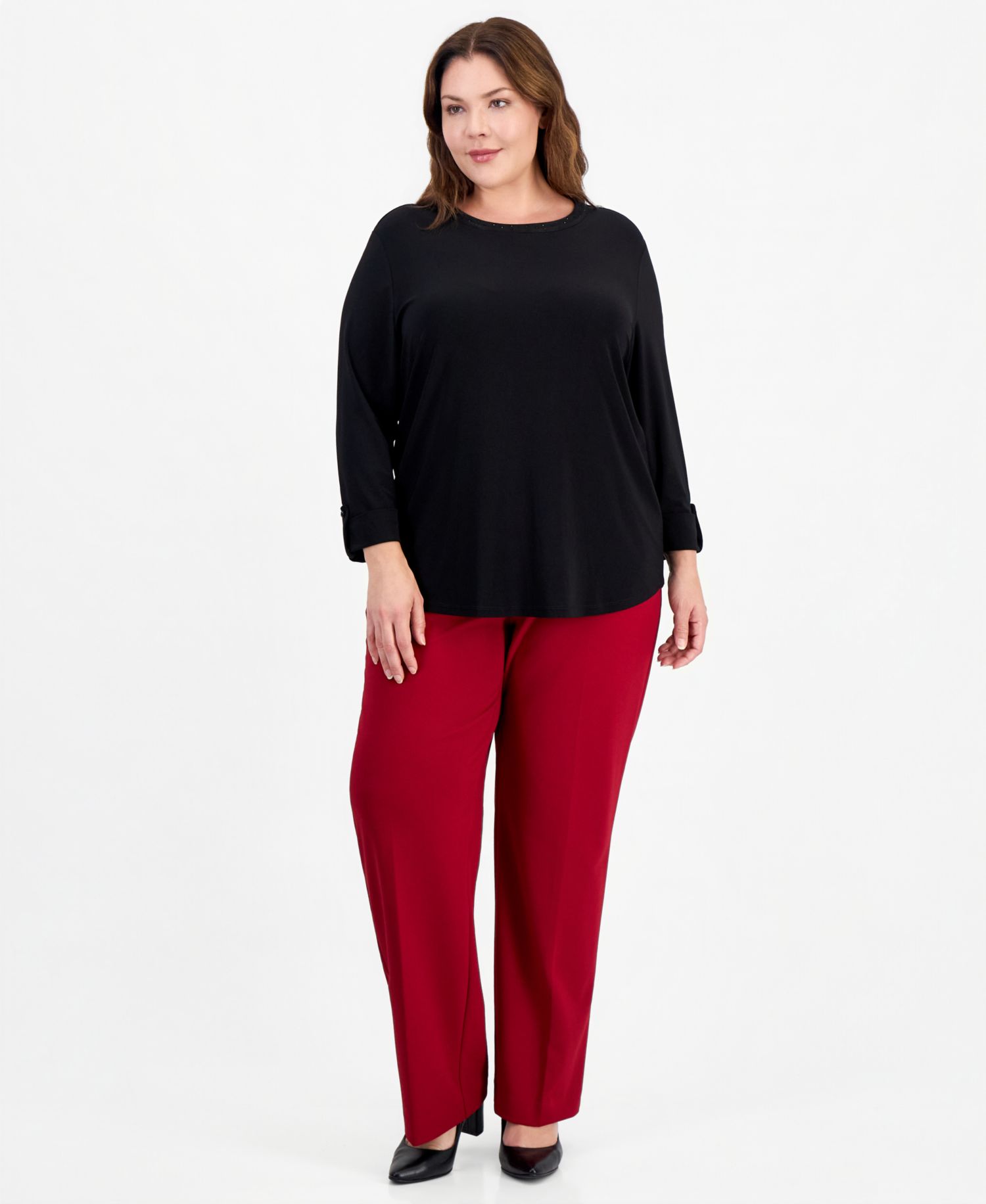 Plus Size 3/4-Sleeve Scoop Neck Roll-Cuff Top