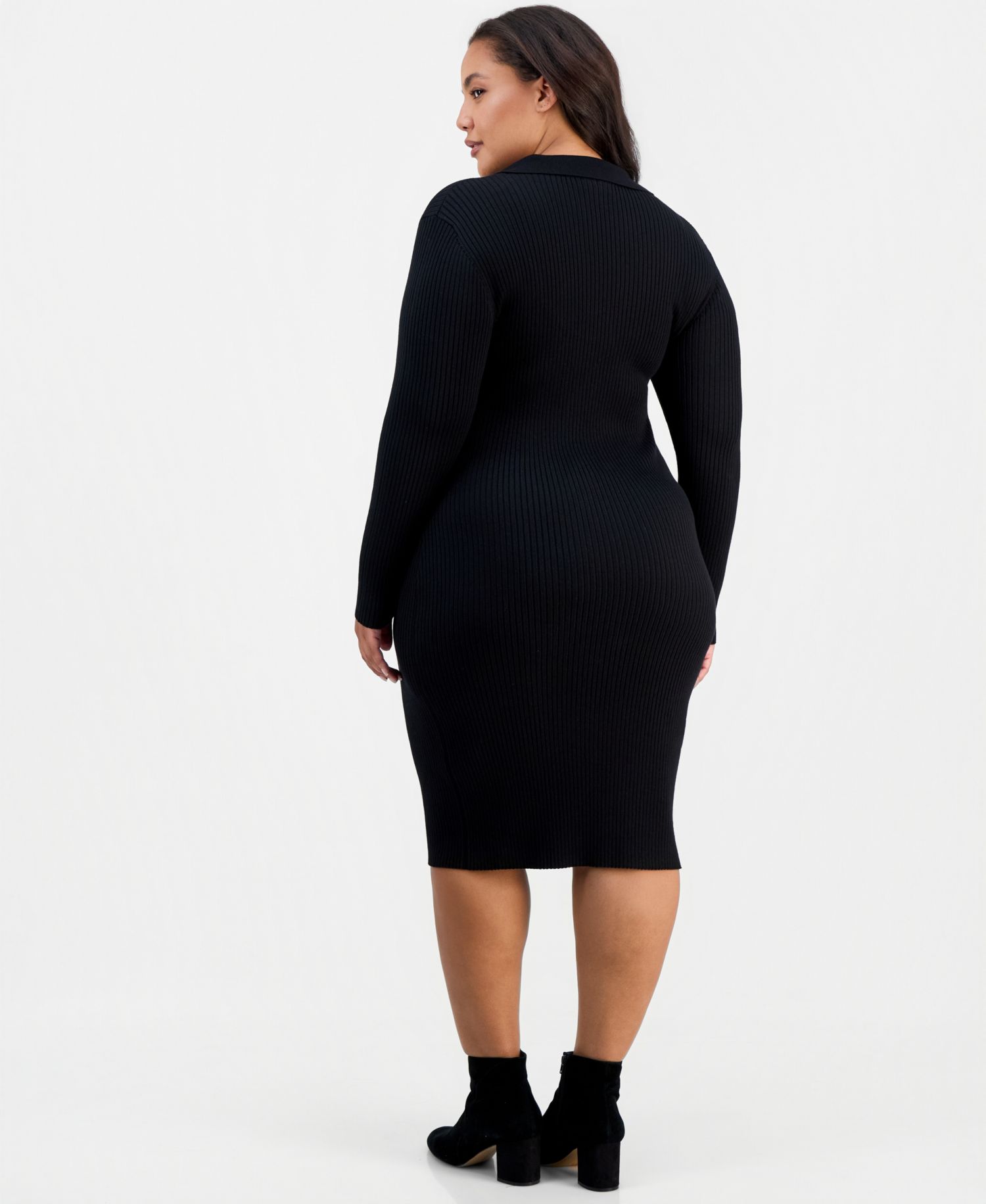 Plus Size Long-Sleeve Bodycon Polo Collar V-Neck Rayon-Polyester Blend Midi Dress