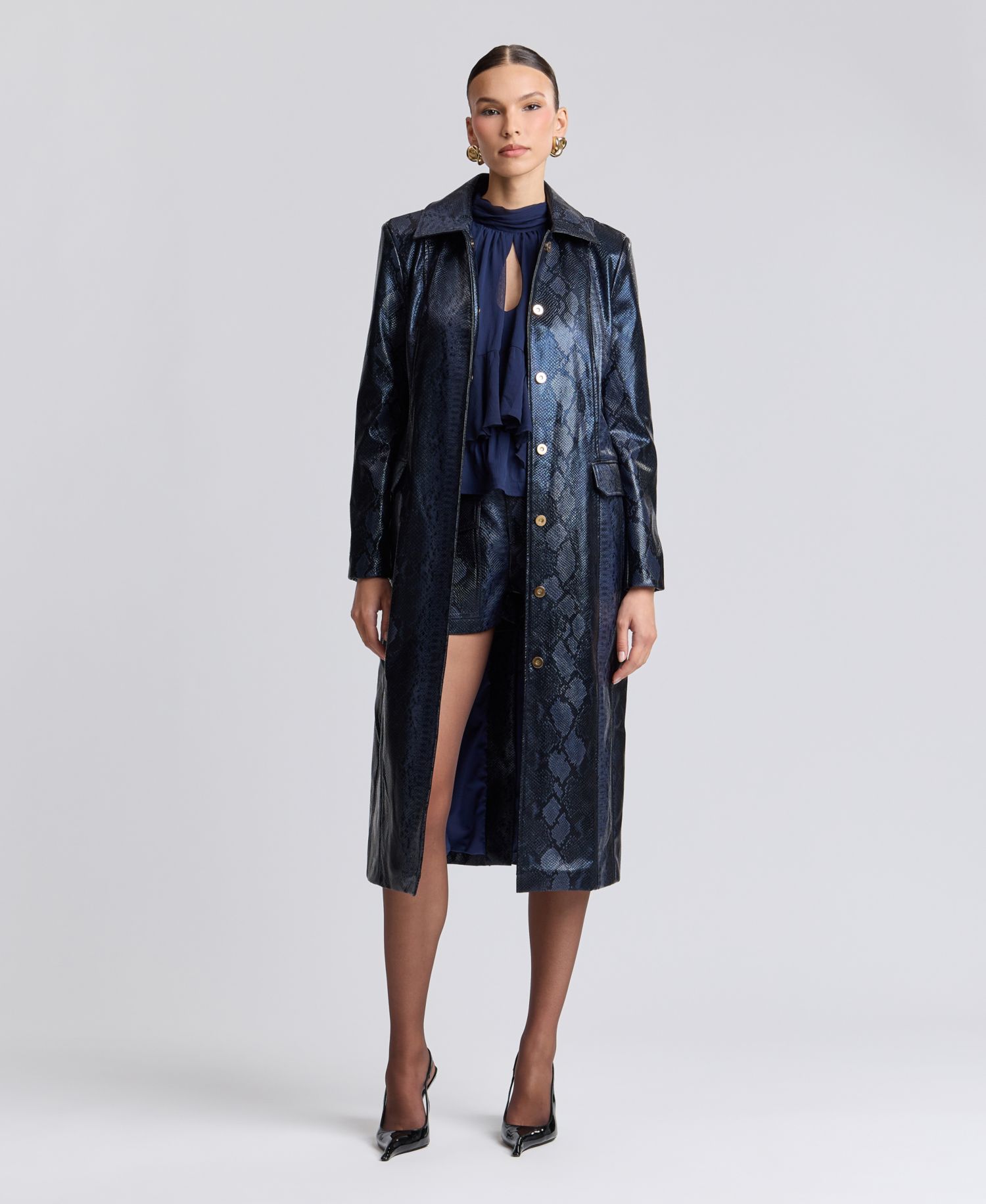 Women's Center Front Belted Python-Print Faux Leather Trench Coat