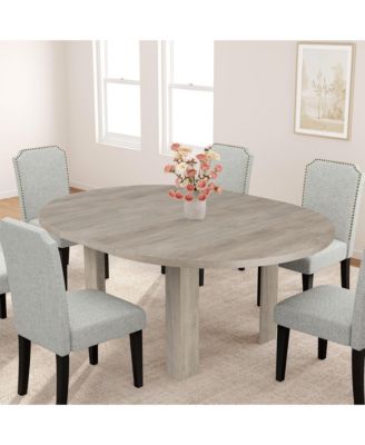Space-Saving Extendable Round to Oval Dining Table Seats 4-6, Convertible MDF Table with Built-In Leaf Storage for Apartment Home Office