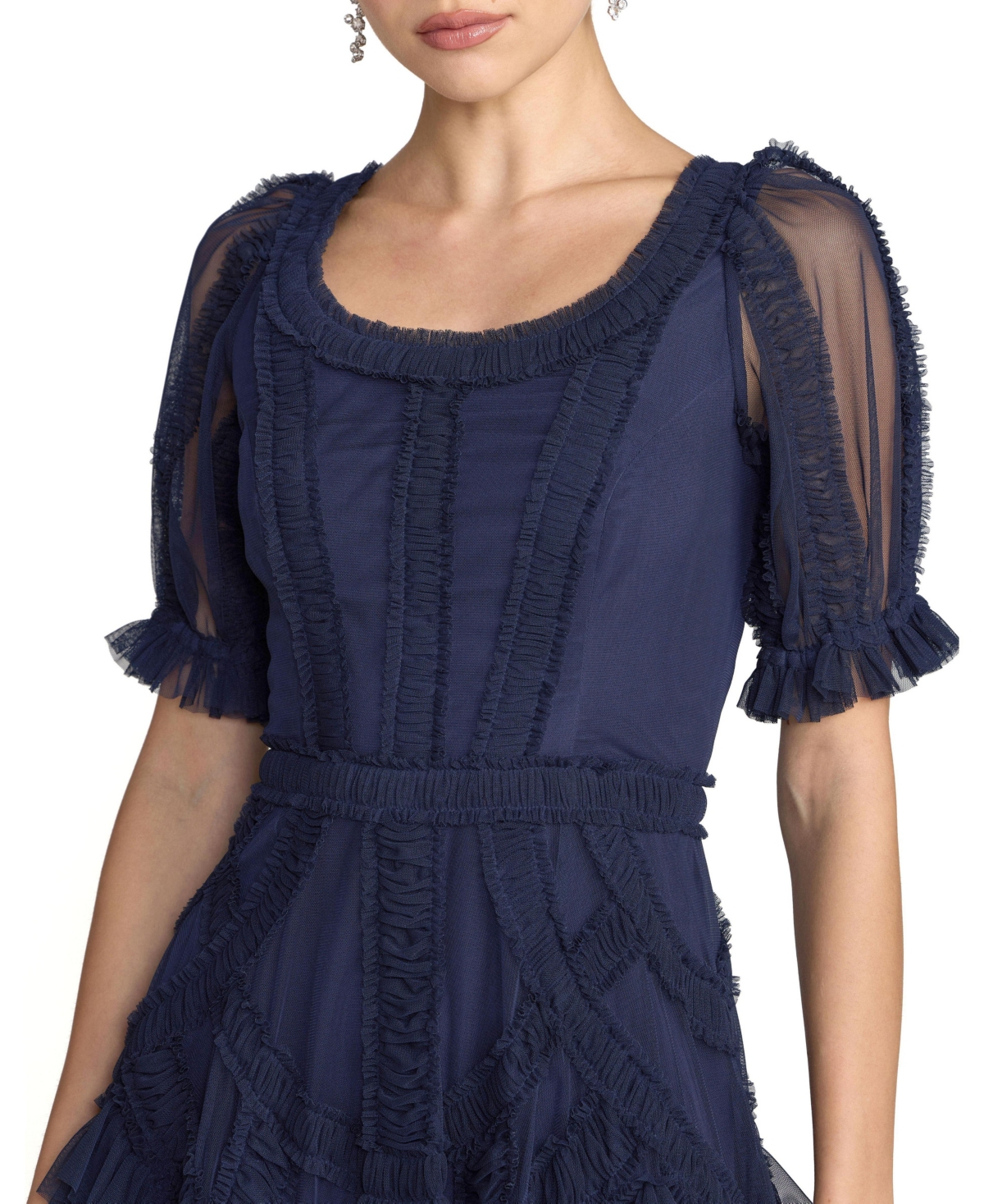 Mac Duggal Women's Short Sleeve Mesh Mirco Ruffle Midi Dress