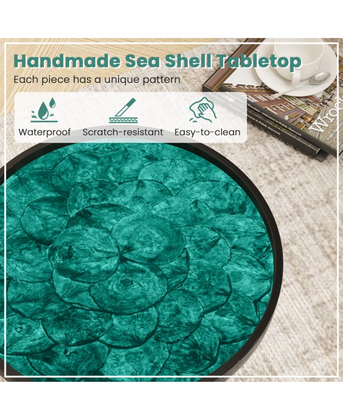 Sugift 16 in Mid-Century Modern End Table with Sea Shell Decoration and Epoxy Resin Finish