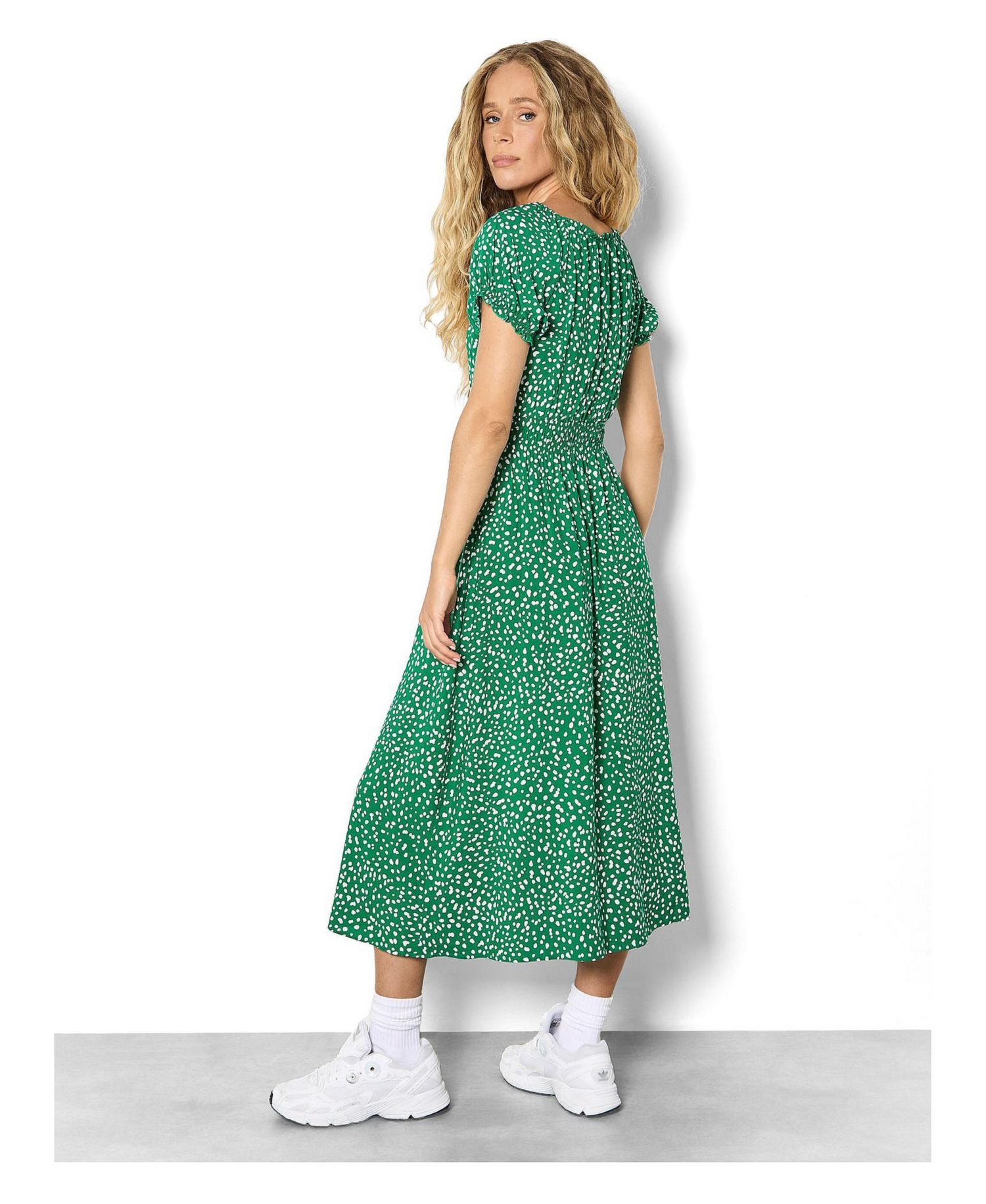 Women's Milkmaid Midi Spot Printed Smocked-Waist Puff-Sleeve Dress