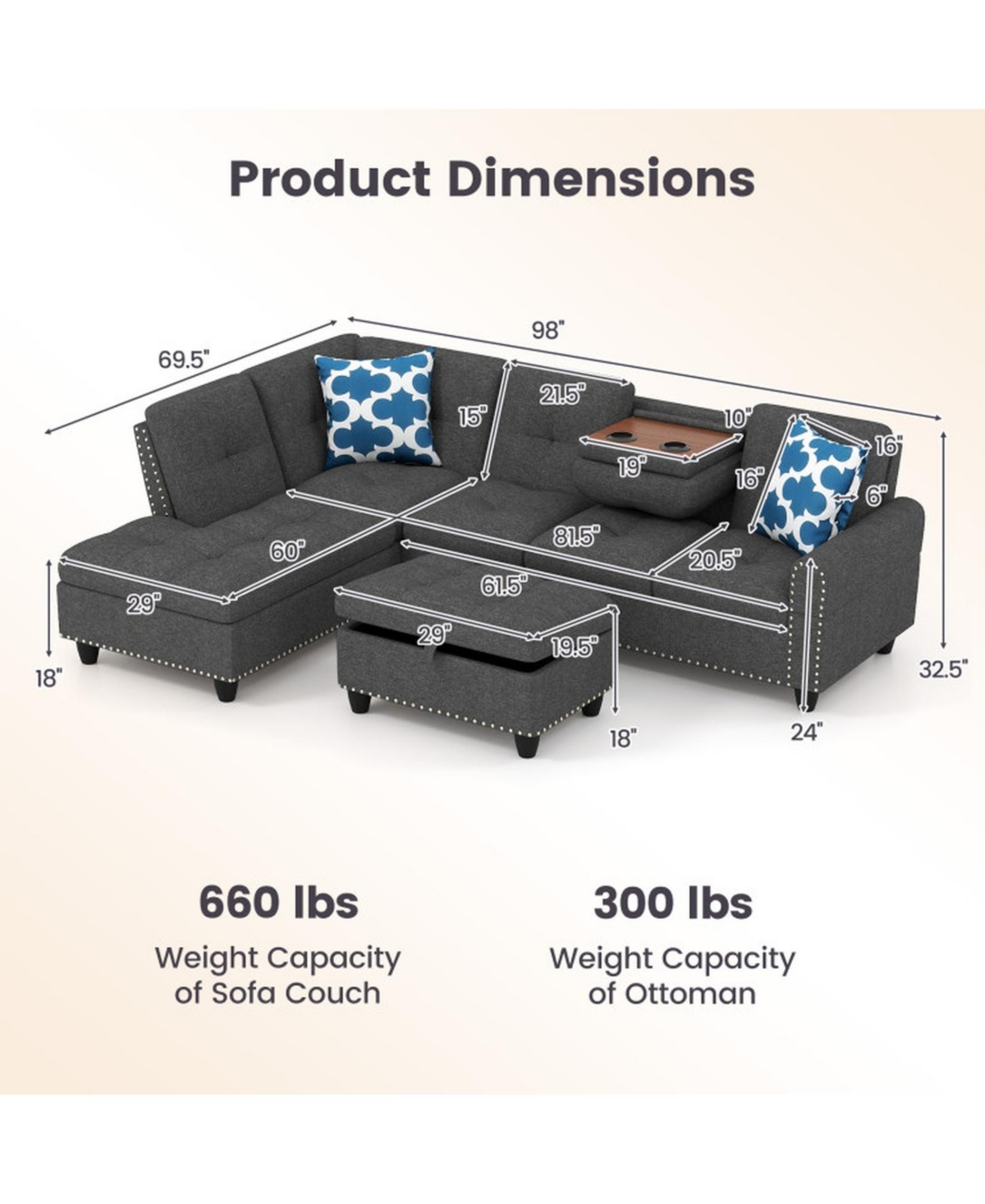 Sugift 98in Sectional Sofa with Movable Storage Ottoman Linen Fabric 98 x 69.5 x 32.5in