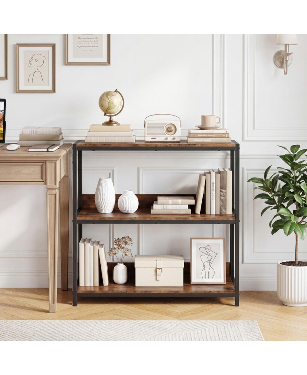 Sugift 3-Tier Industrial Bookshelf with Wooden Shelves and Metal Frame