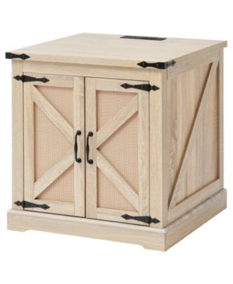 Farmhouse Storage End Table with PE Rattan Doors, Wooden Side Table for Bedroom and Small Spaces-Wood Color