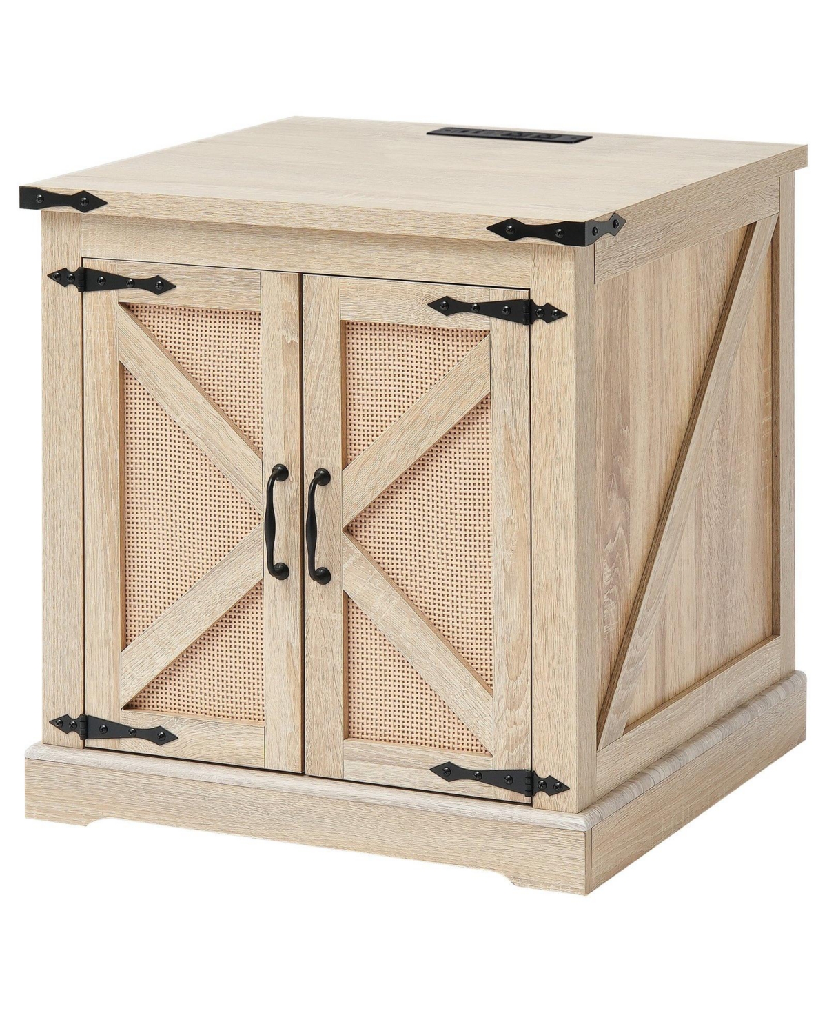 Slickblue Farmhouse Storage End Table with Pe Rattan Doors, Wooden Side Table for Bedroom and Small Spaces-Wood Color