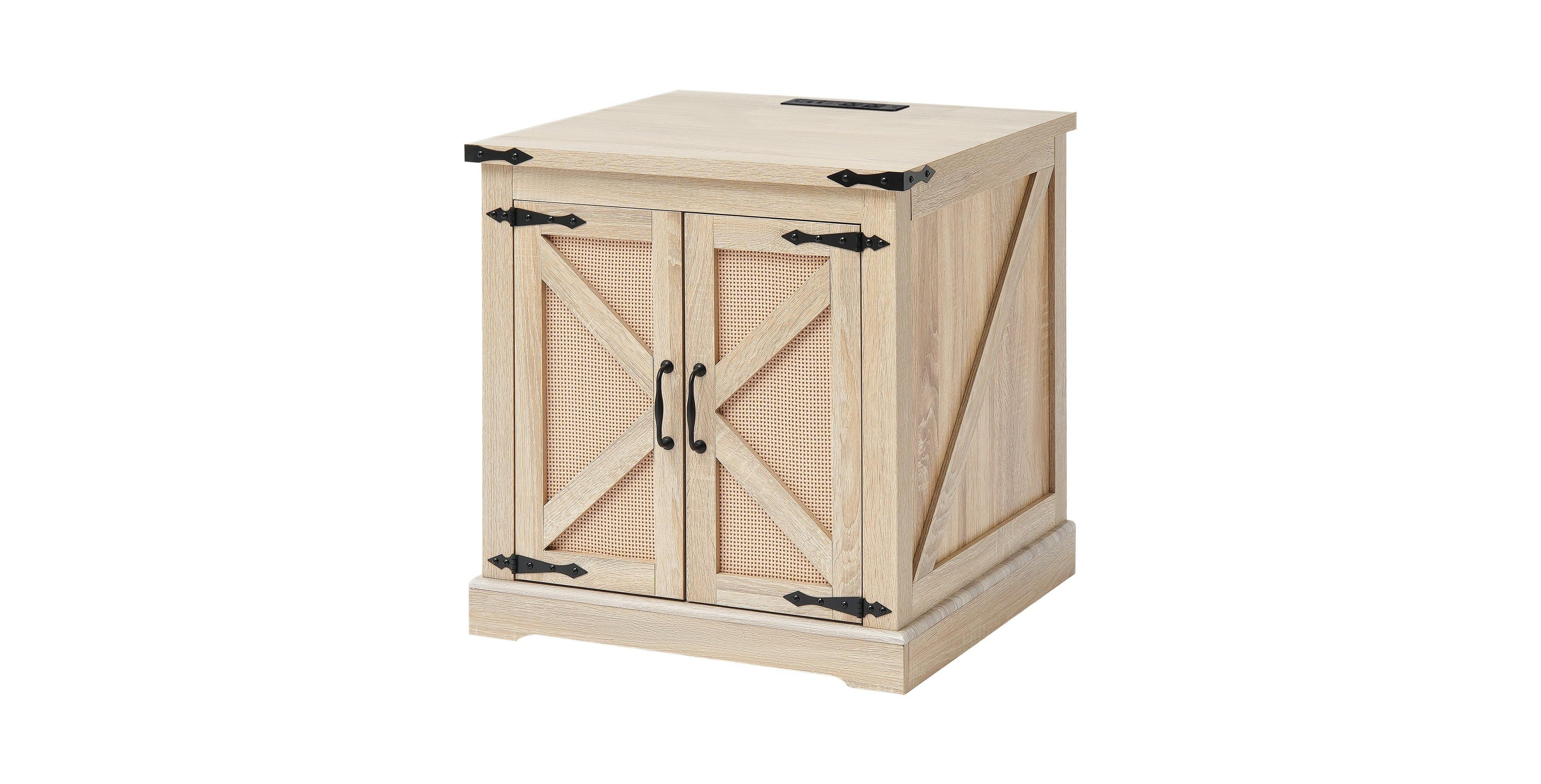 Slickblue Farmhouse Storage End Table with Pe Rattan Doors, Wooden Side Table for Bedroom and Small Spaces-Wood Color