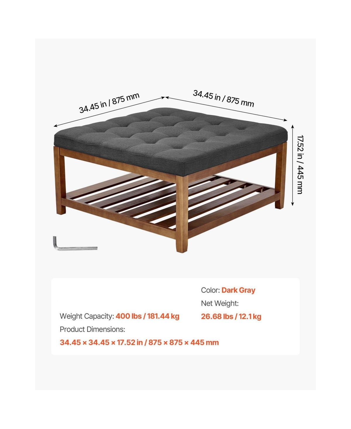 Slickblue Square Linen Upholstered Ottoman Coffee Table with Open Wood Shelf for Living Room