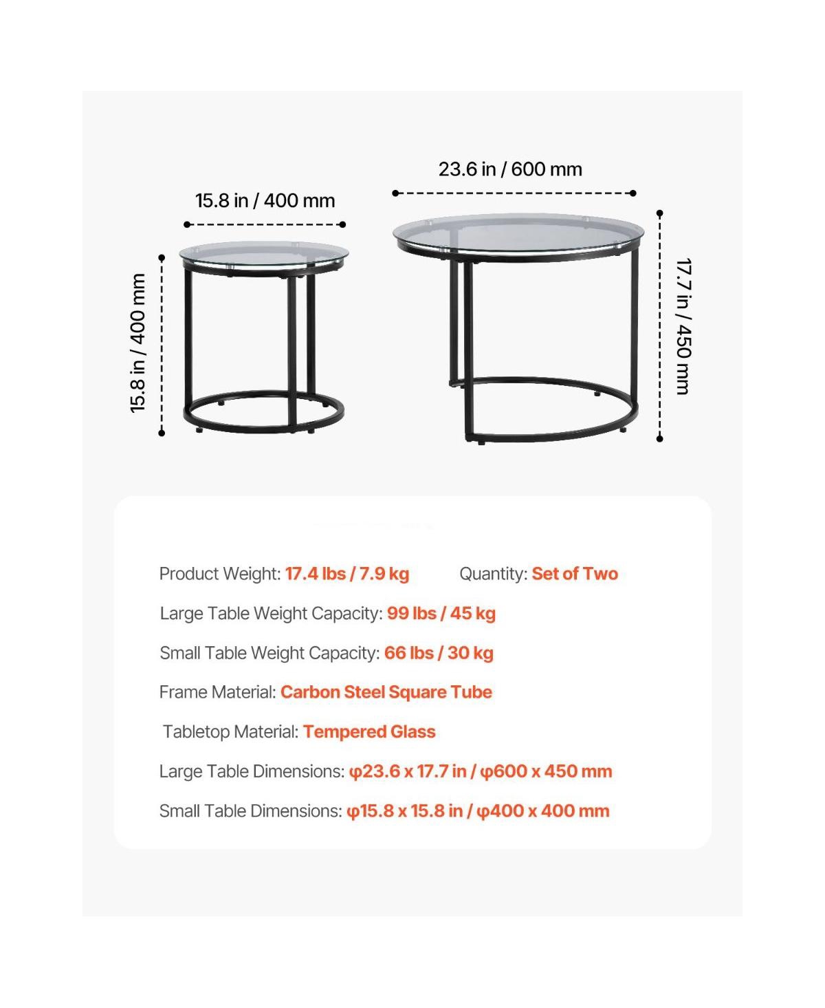 Slickblue Round Glass Coffee Table Set of 2 with Steel Frame, Nesting Accent Tables for Bedroom